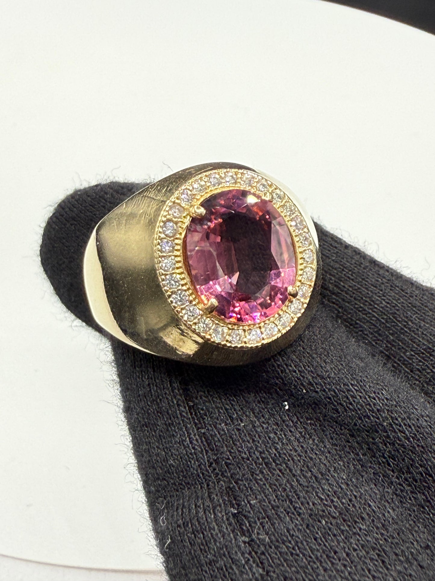 Natural Pink Tourmaline & Diamond Men’s Ring | 14k Yellow Gold (Size 10.25)