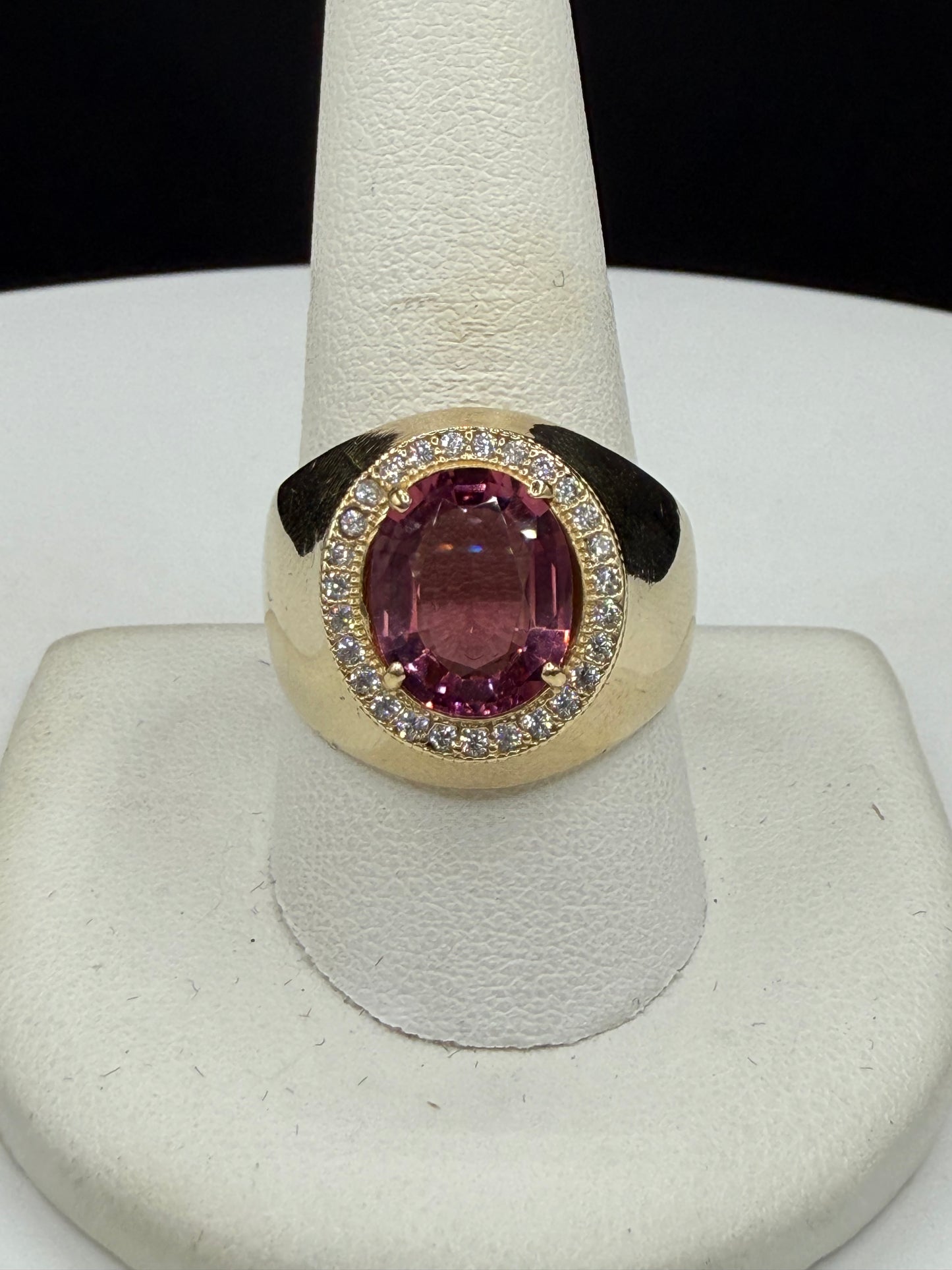 Natural Pink Tourmaline & Diamond Men’s Ring | 14k Yellow Gold (Size 10.25)