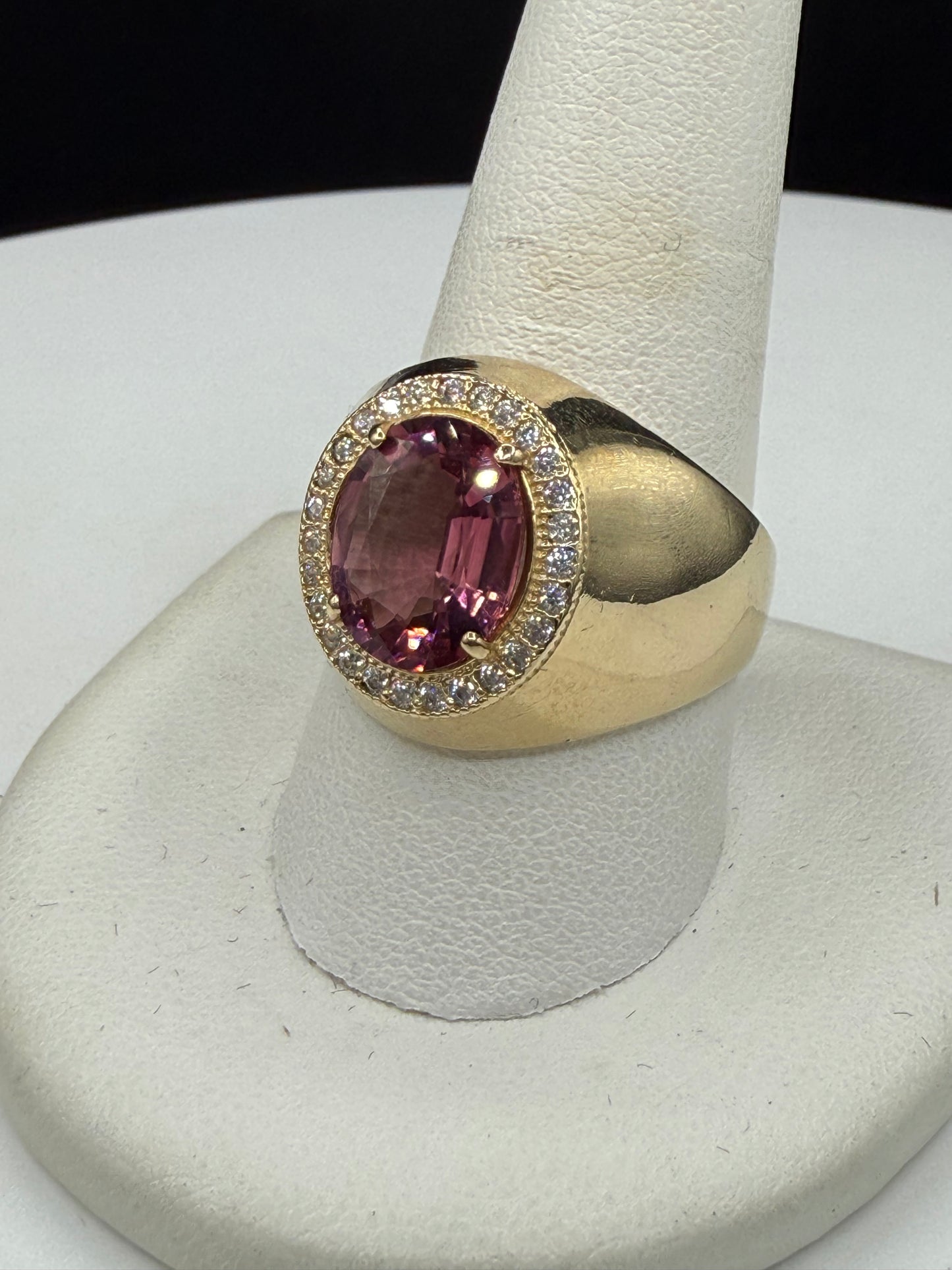 Natural Pink Tourmaline & Diamond Men’s Ring | 14k Yellow Gold (Size 10.25)