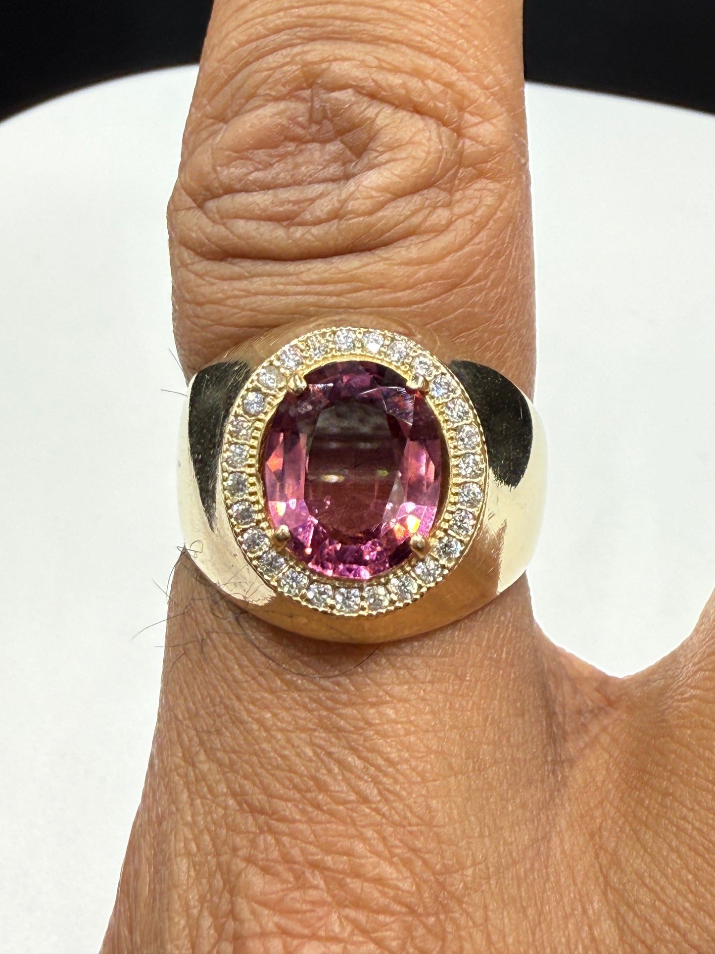 Natural Pink Tourmaline & Diamond Men’s Ring | 14k Yellow Gold (Size 10.25)