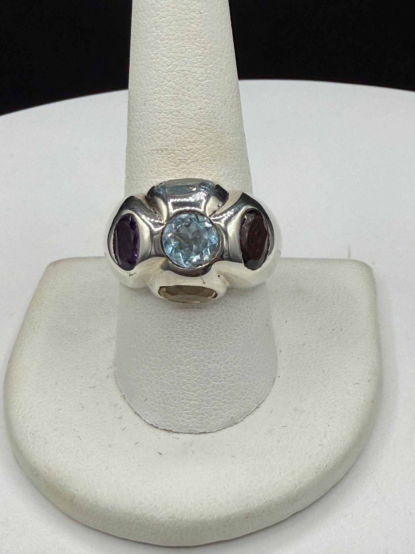 Vintage Handmade Blue Topaz Garnet Citrine Amethyst Ring | 925 Sterling Silver | Size 9.75