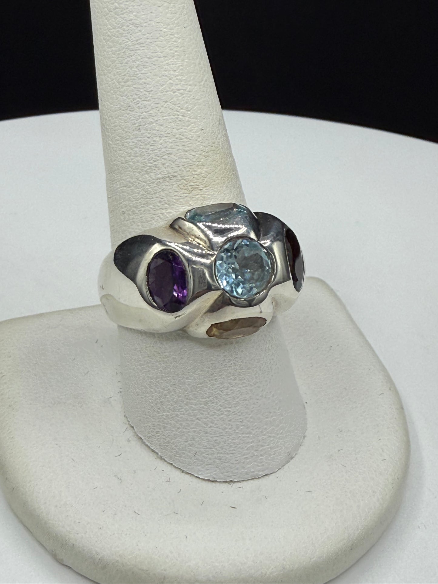 Vintage Handmade Blue Topaz Garnet Citrine Amethyst Ring | 925 Sterling Silver | Size 9.75