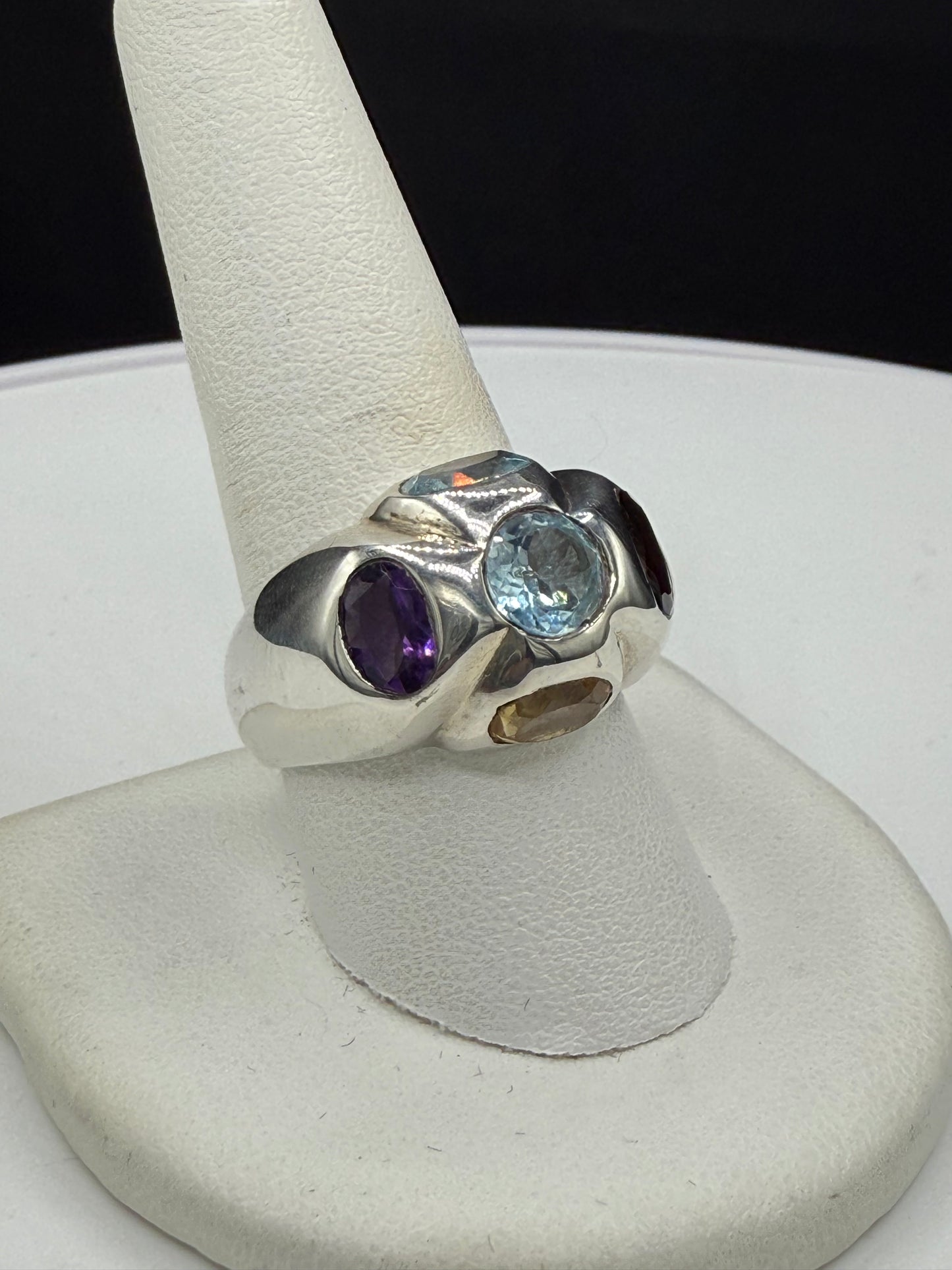 Vintage Handmade Blue Topaz Garnet Citrine Amethyst Ring | 925 Sterling Silver | Size 9.75