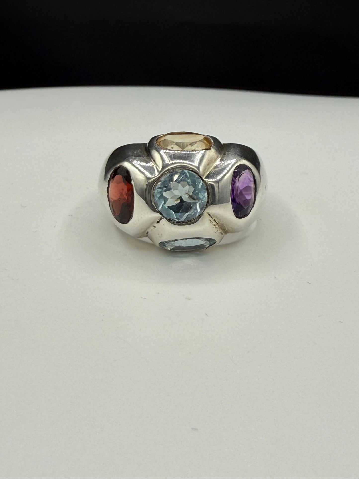 Vintage Handmade Blue Topaz Garnet Citrine Amethyst Ring | 925 Sterling Silver | Size 9.75