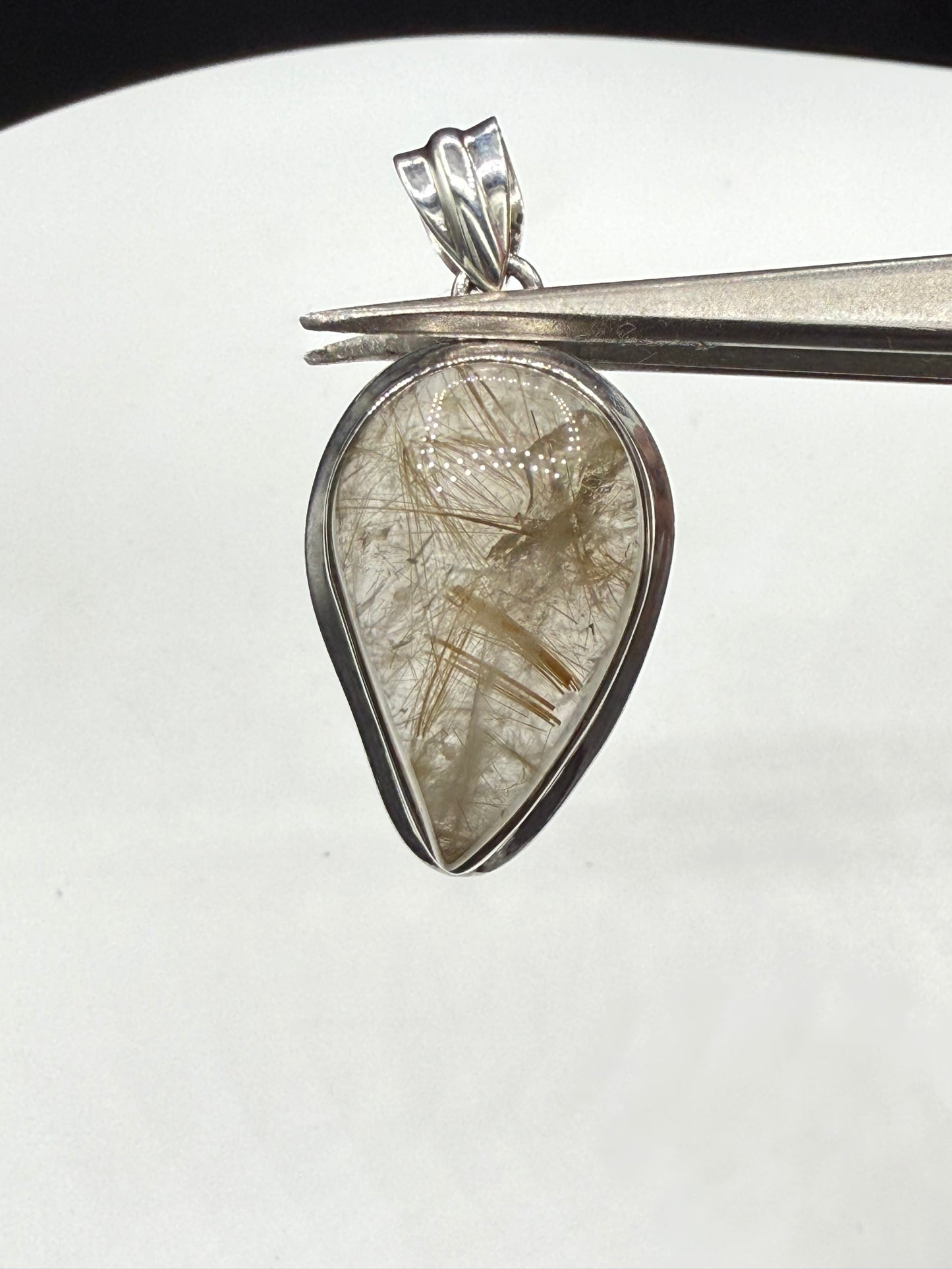 Handmade Rutilated Quartz Pendant Sterling Silver 925 | Pear Cabochon 1.62” | 9.88g