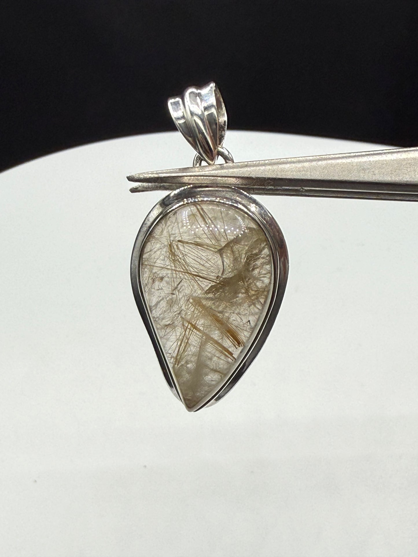 Handmade Rutilated Quartz Pendant Sterling Silver 925 | Pear Cabochon 1.62” | 9.88g
