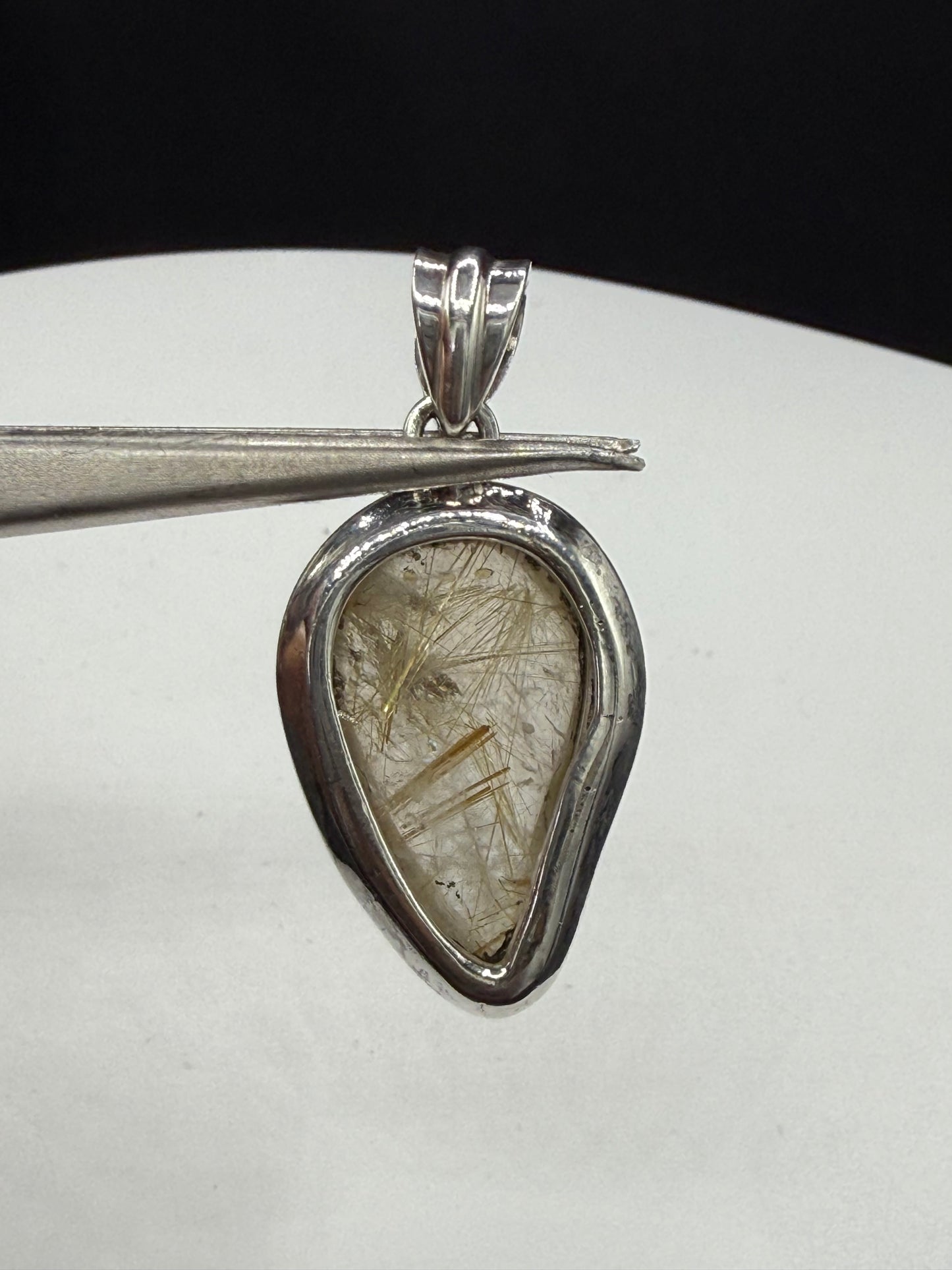 Handmade Rutilated Quartz Pendant Sterling Silver 925 | Pear Cabochon 1.62” | 9.88g
