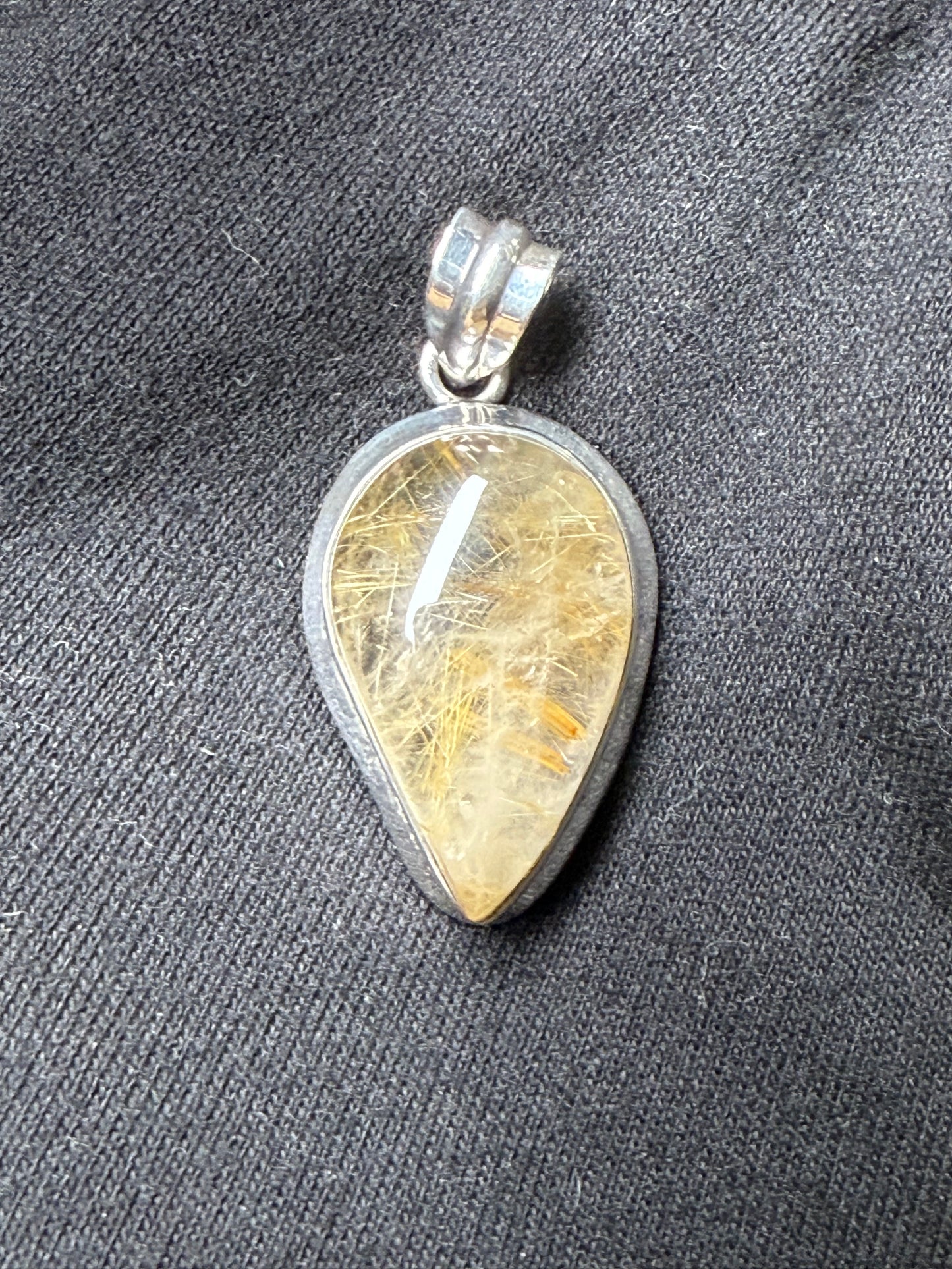 Handmade Rutilated Quartz Pendant Sterling Silver 925 | Pear Cabochon 1.62” | 9.88g