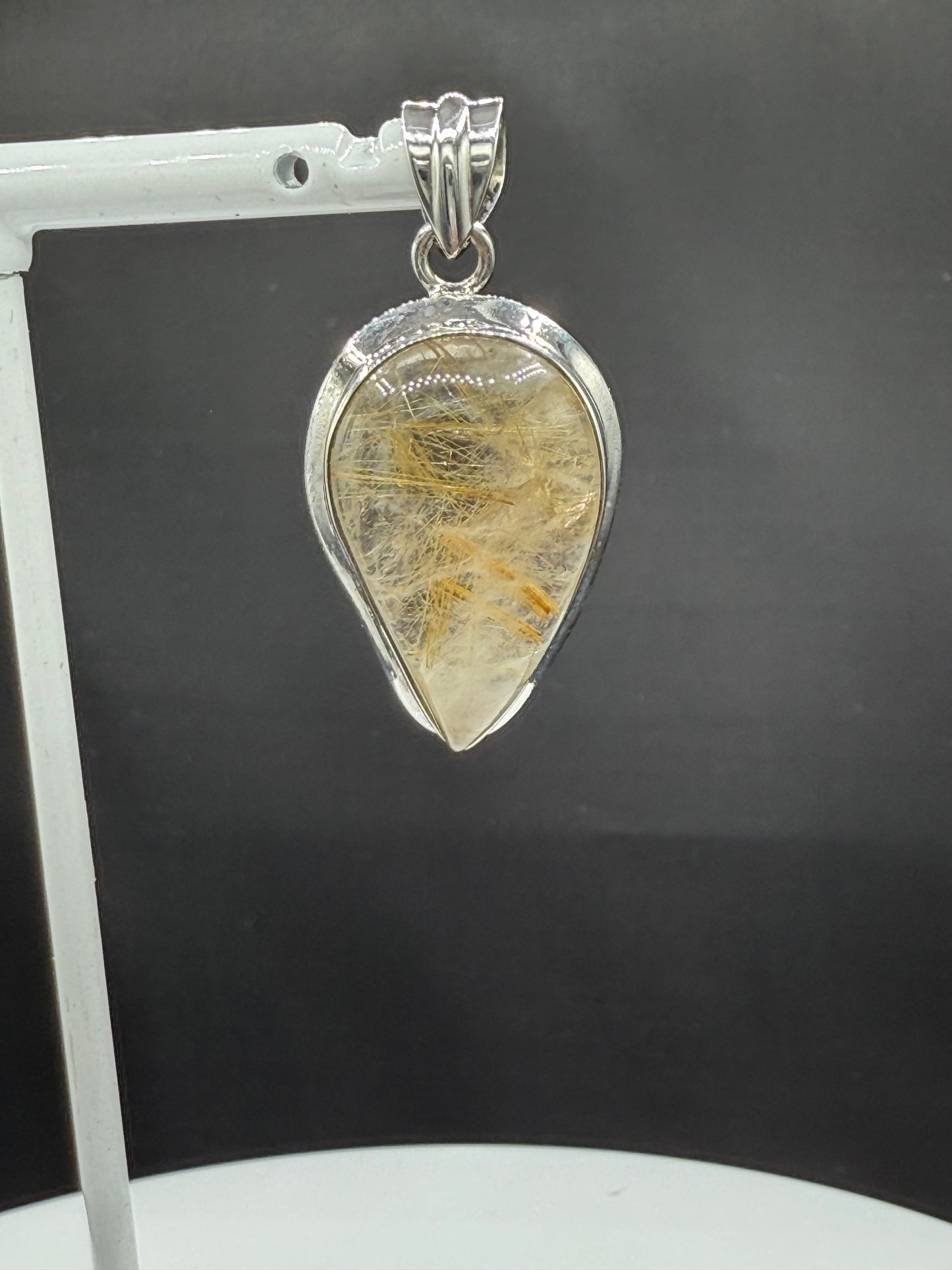 Handmade Rutilated Quartz Pendant Sterling Silver 925 | Pear Cabochon 1.62” | 9.88g