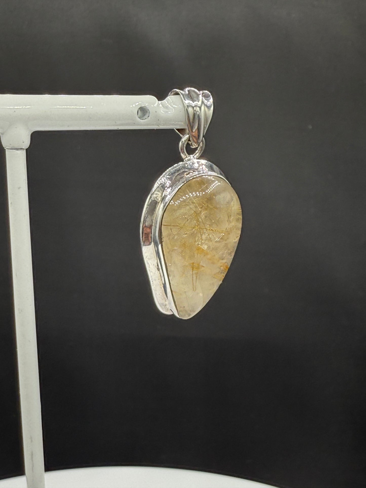 Handmade Rutilated Quartz Pendant Sterling Silver 925 | Pear Cabochon 1.62” | 9.88g