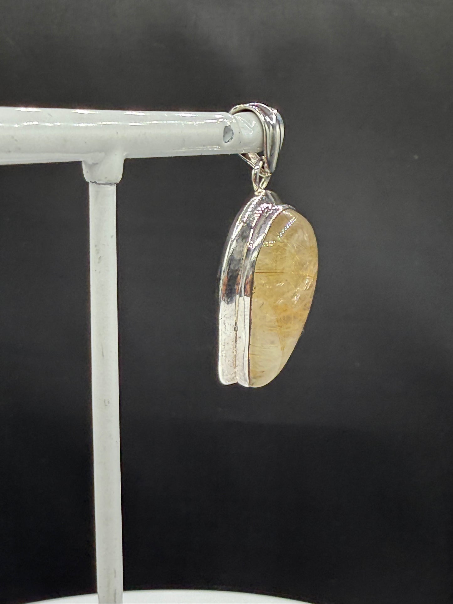 Handmade Rutilated Quartz Pendant Sterling Silver 925 | Pear Cabochon 1.62” | 9.88g