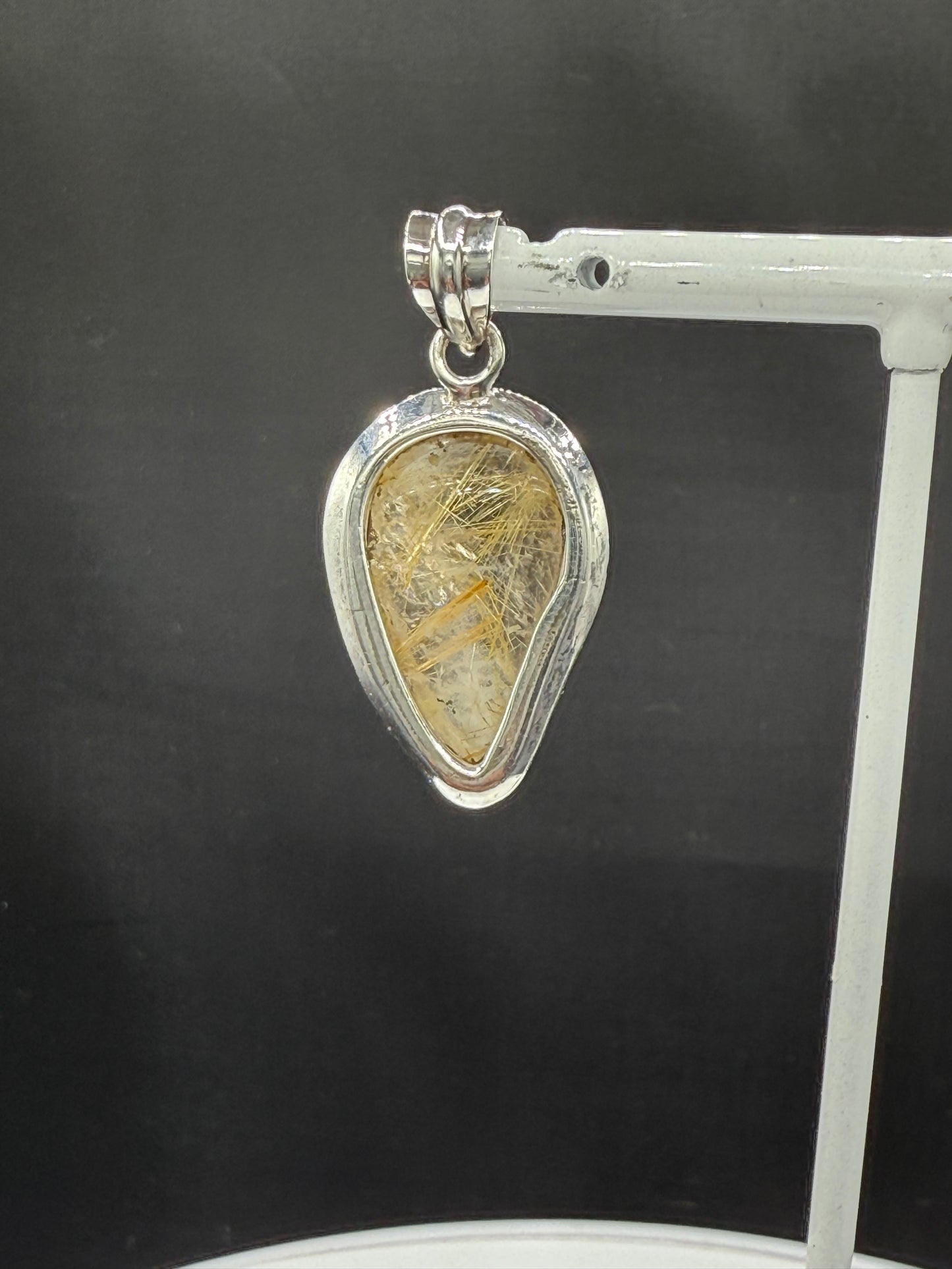 Handmade Rutilated Quartz Pendant Sterling Silver 925 | Pear Cabochon 1.62” | 9.88g