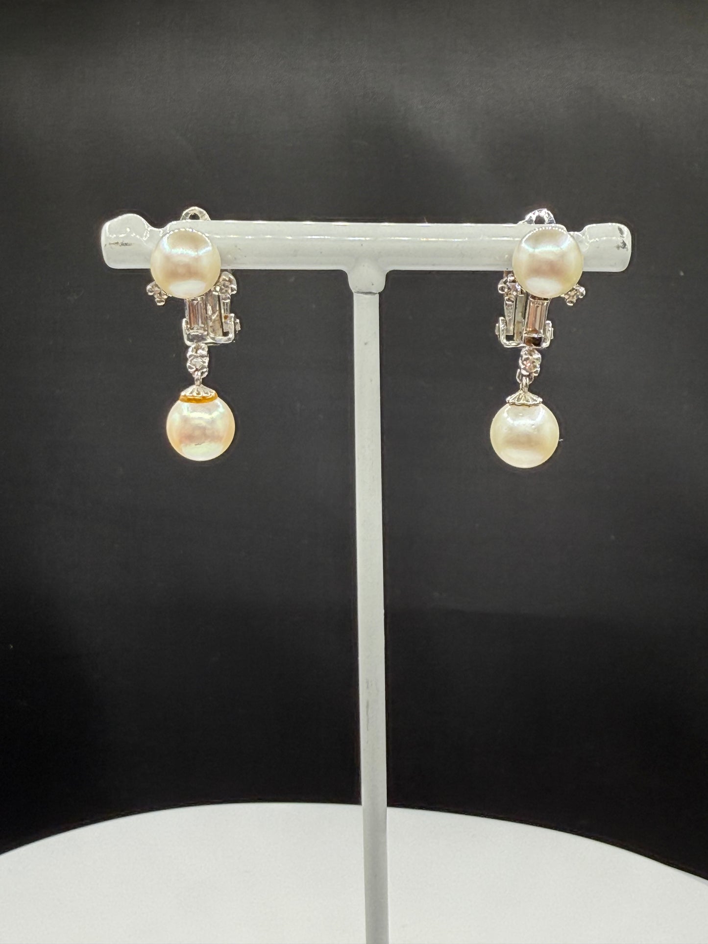 Antique 14k White Gold Cultured Pearl & Diamond Dangle Earrings