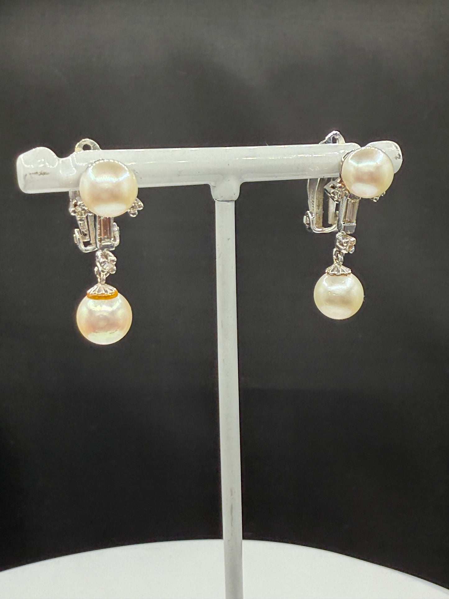 Antique 14k White Gold Cultured Pearl & Diamond Dangle Earrings
