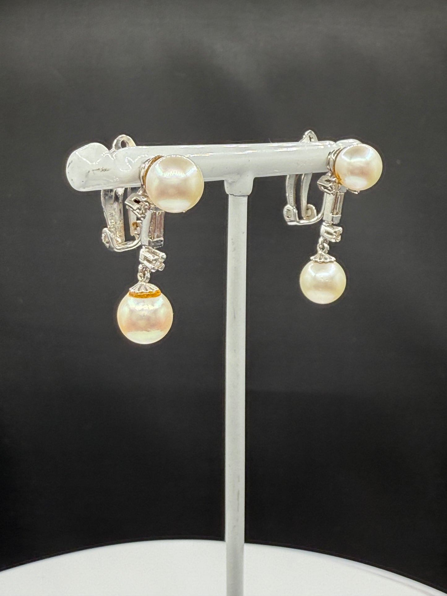 Antique 14k White Gold Cultured Pearl & Diamond Dangle Earrings