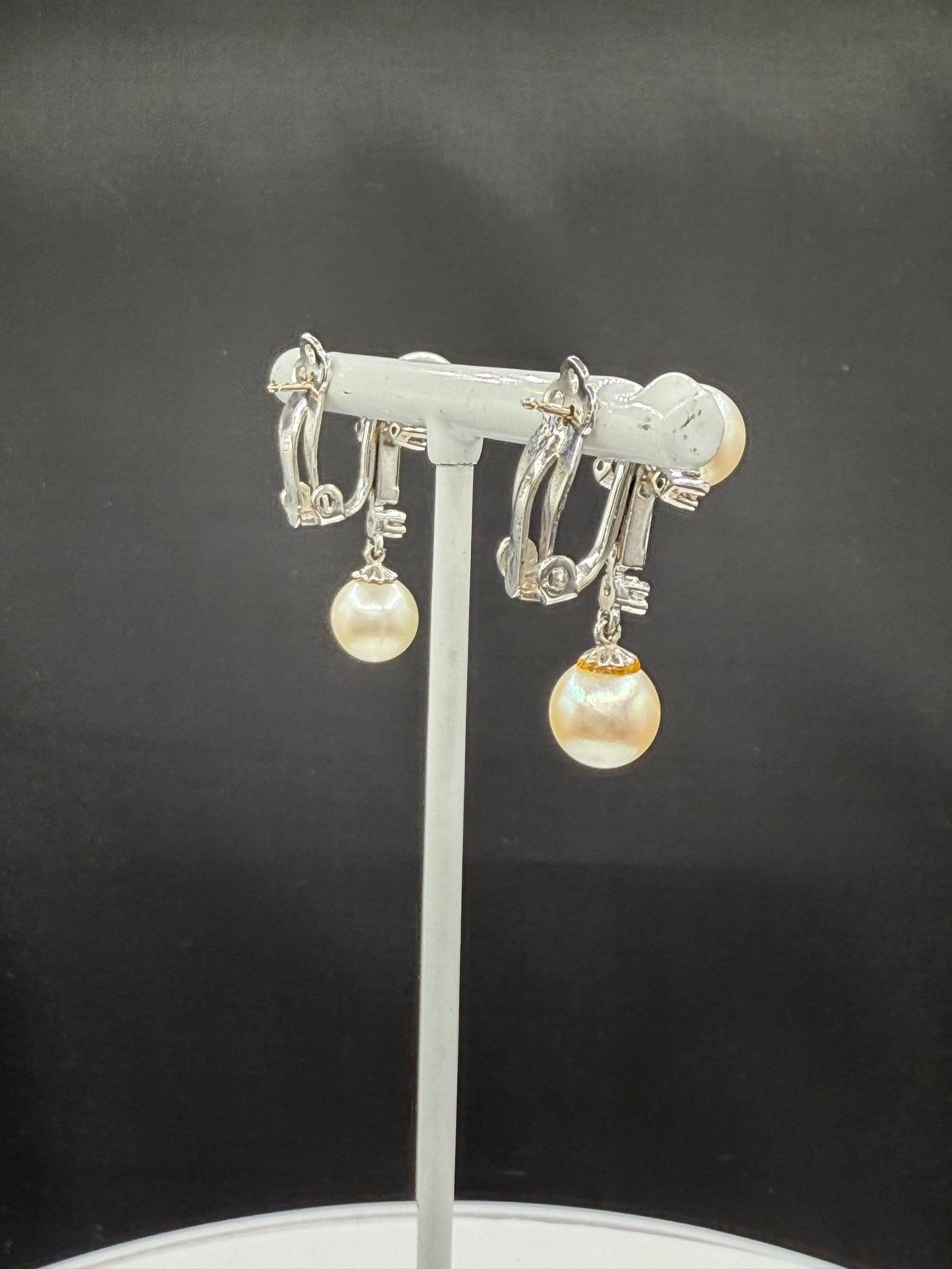 Antique 14k White Gold Cultured Pearl & Diamond Dangle Earrings