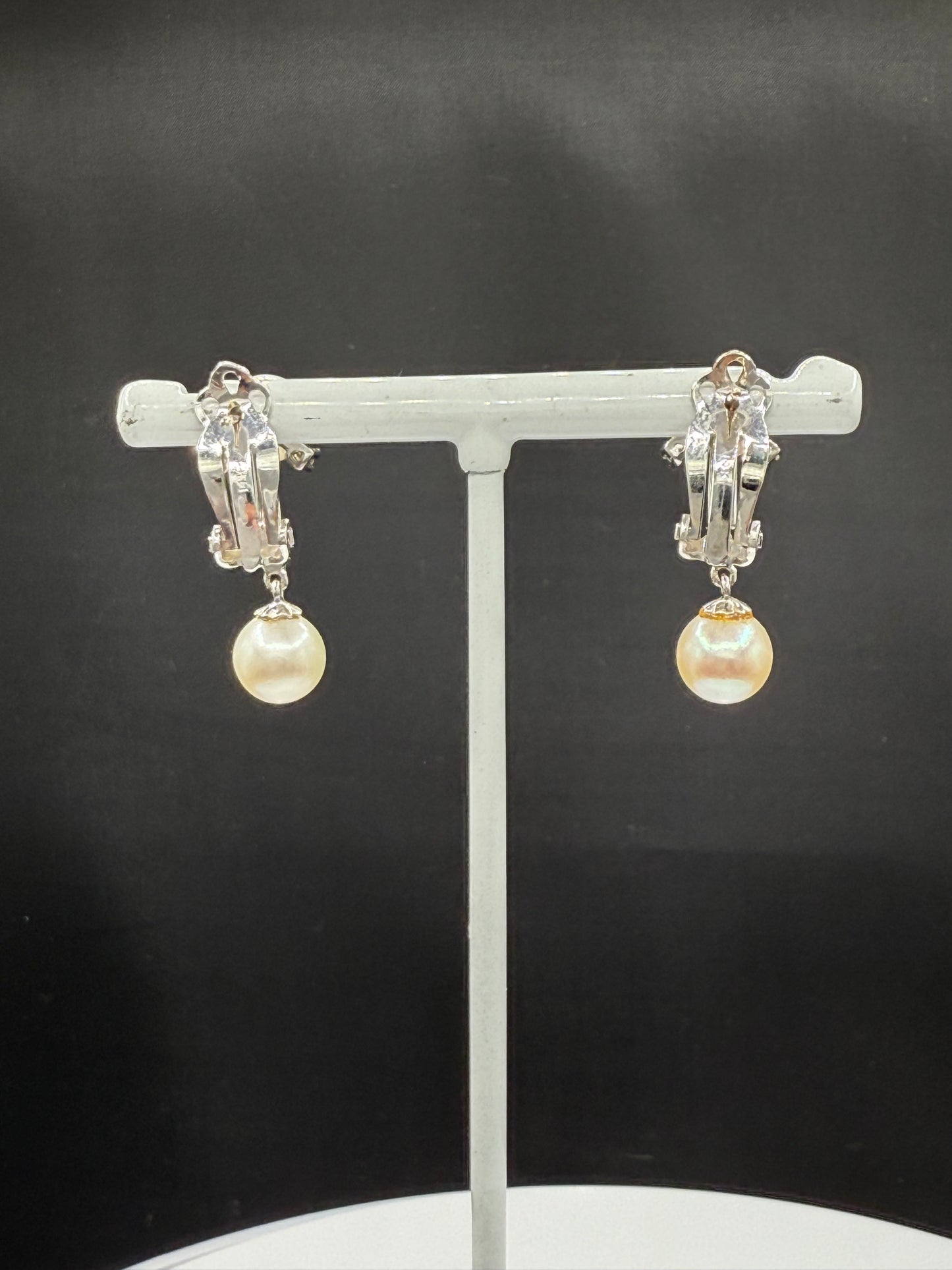 Antique 14k White Gold Cultured Pearl & Diamond Dangle Earrings