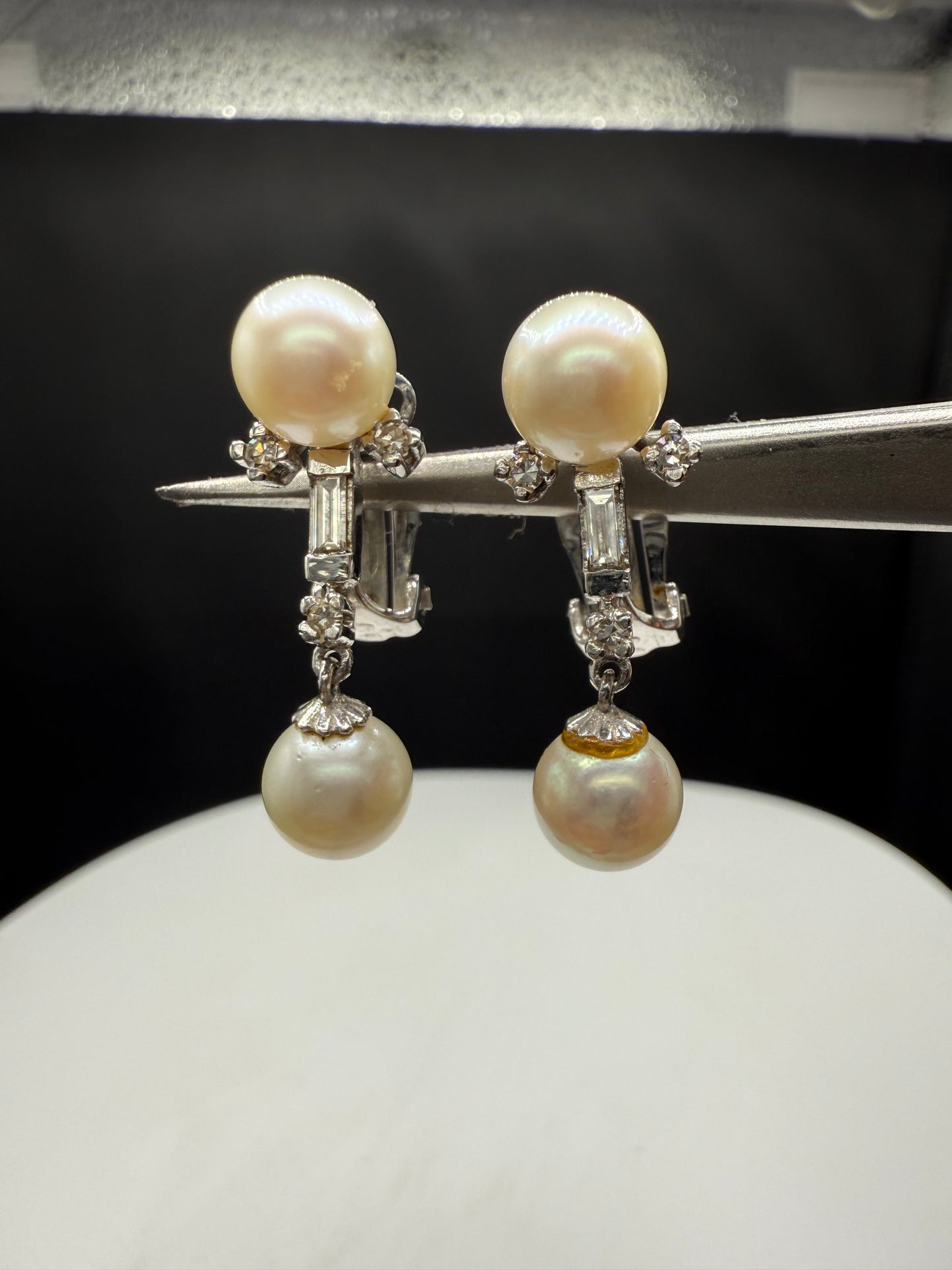 Antique 14k White Gold Cultured Pearl & Diamond Dangle Earrings