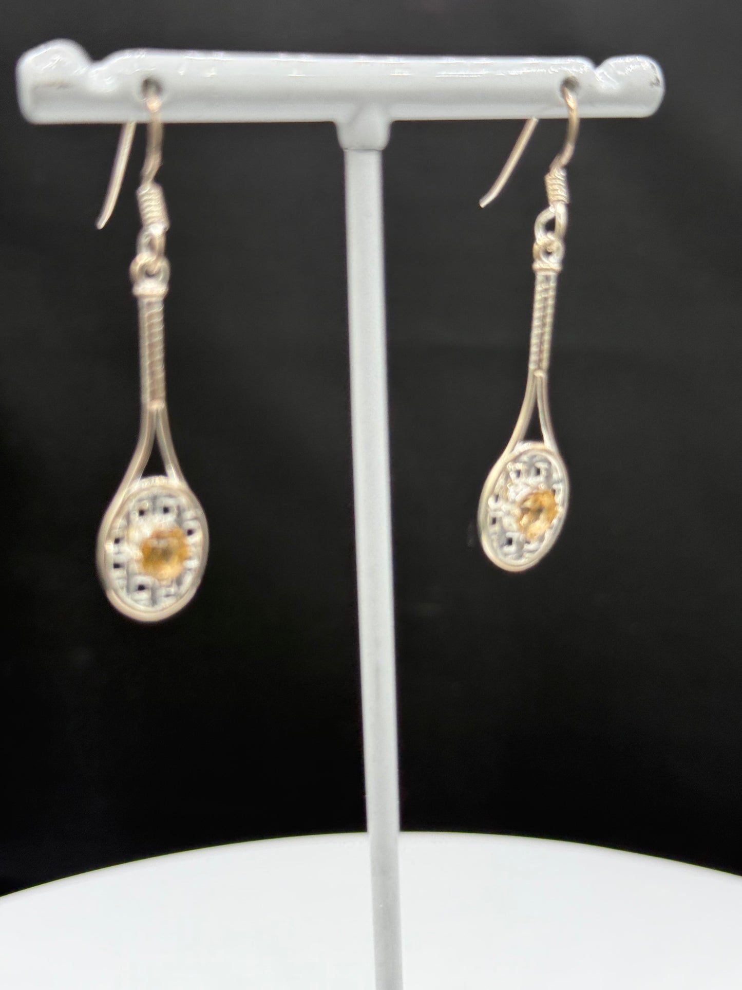 Handmade Sterling Silver Tennis Racket Earrings with Natural Citrine | 925 Stamped | 1.88 Inches