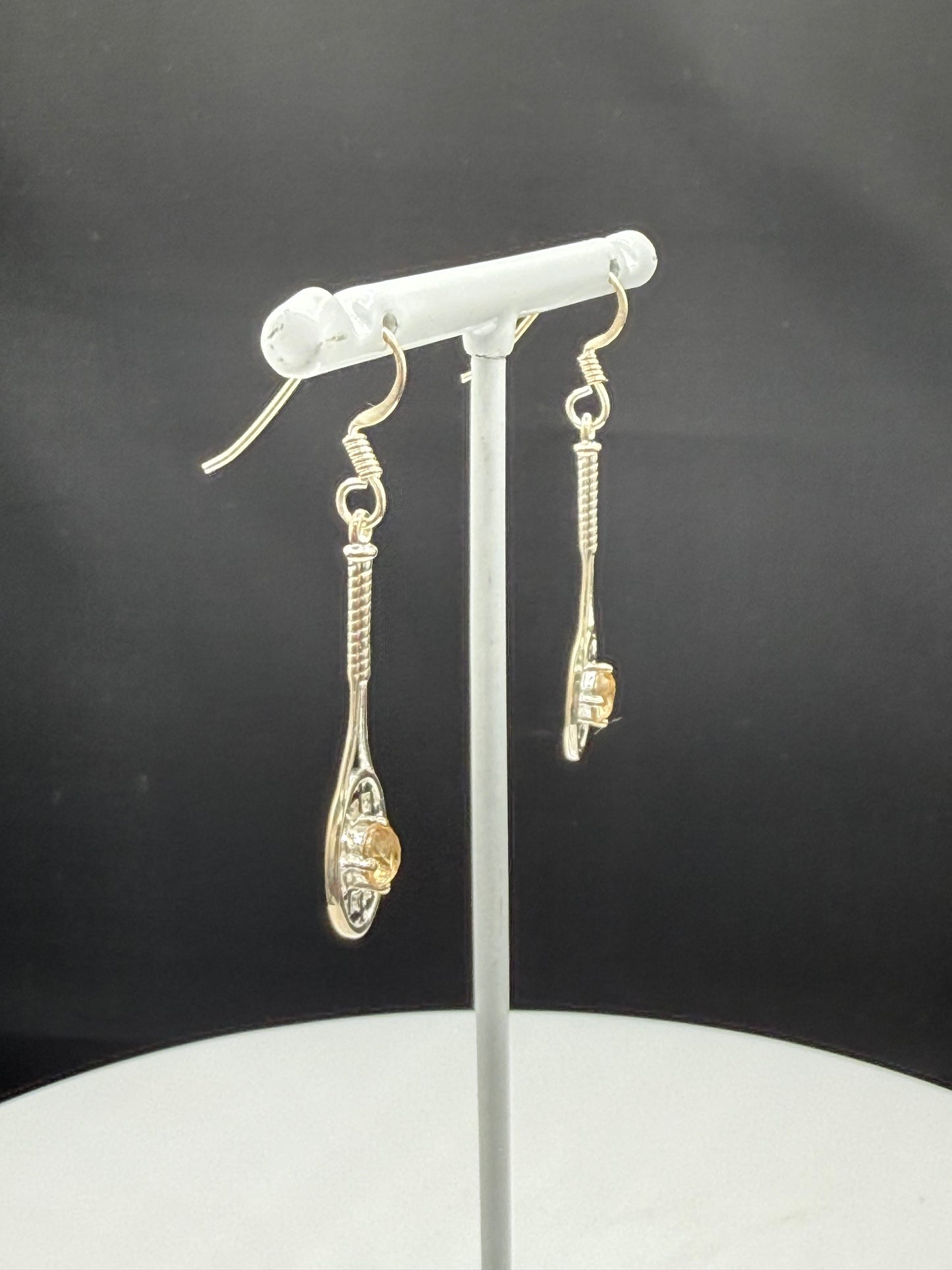 Handmade Sterling Silver Tennis Racket Earrings with Natural Citrine | 925 Stamped | 1.88 Inches