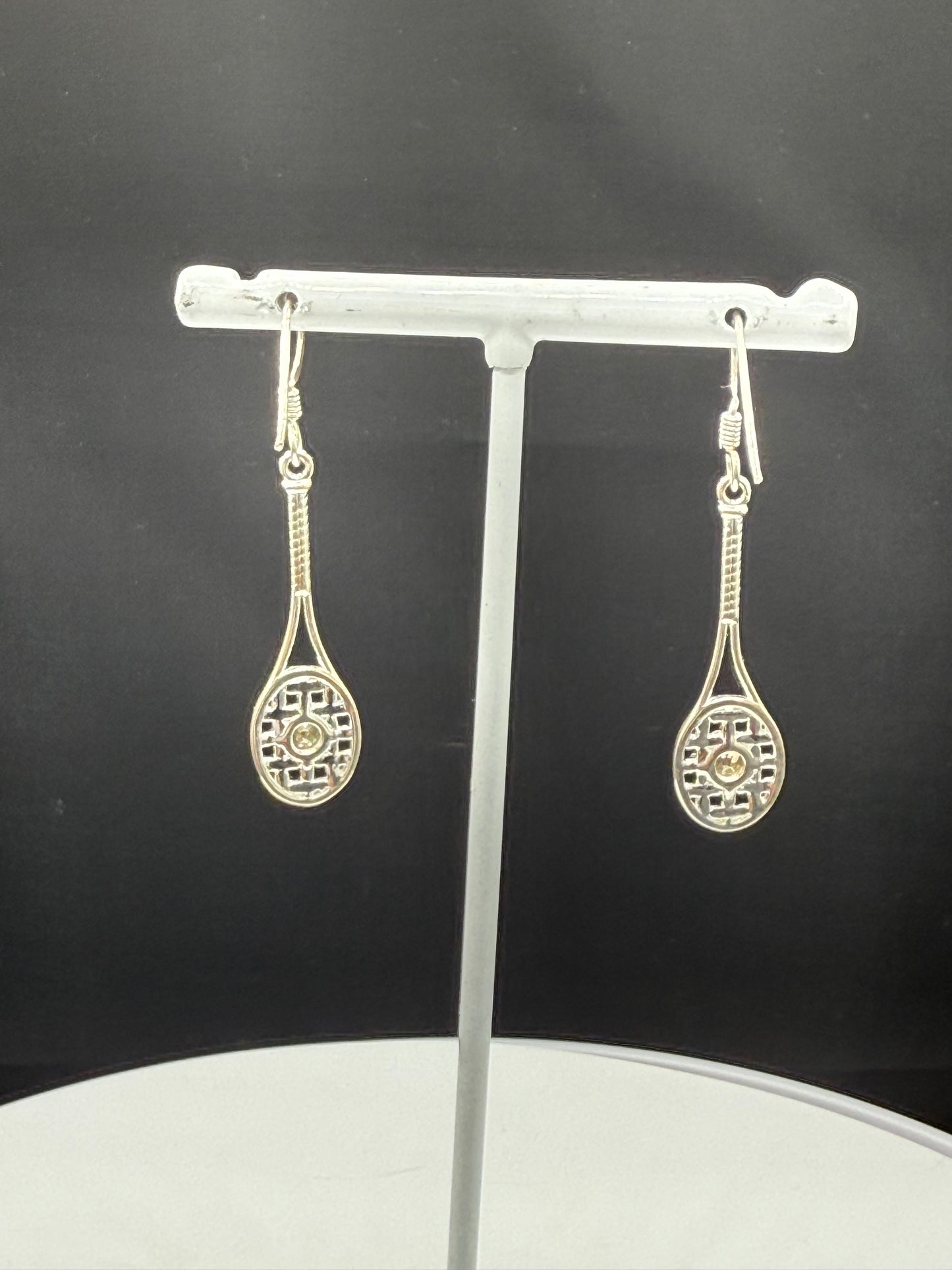 Handmade Sterling Silver Tennis Racket Earrings with Natural Citrine | 925 Stamped | 1.88 Inches