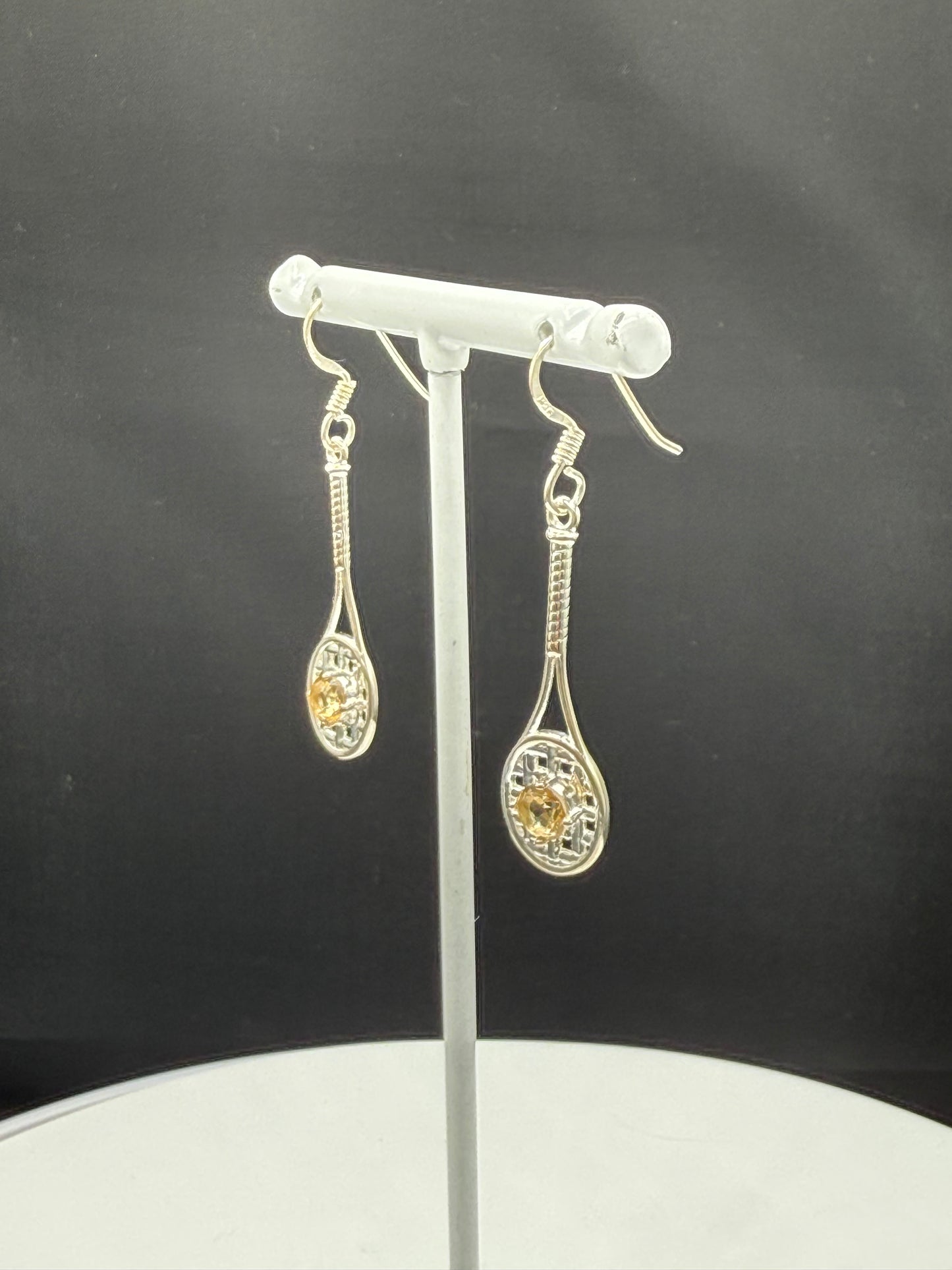 Handmade Sterling Silver Tennis Racket Earrings with Natural Citrine | 925 Stamped | 1.88 Inches