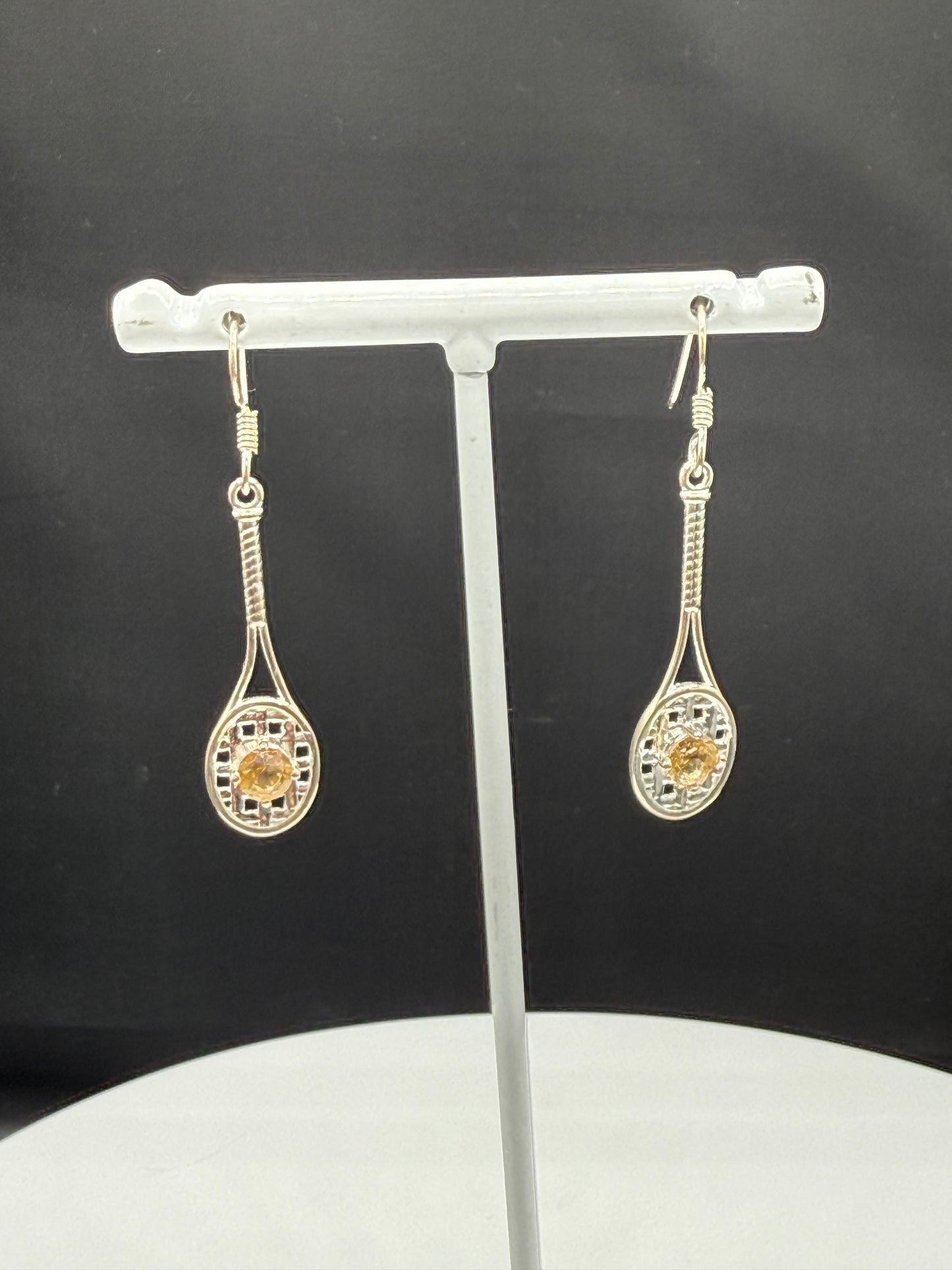 Handmade Sterling Silver Tennis Racket Earrings with Natural Citrine | 925 Stamped | 1.88 Inches