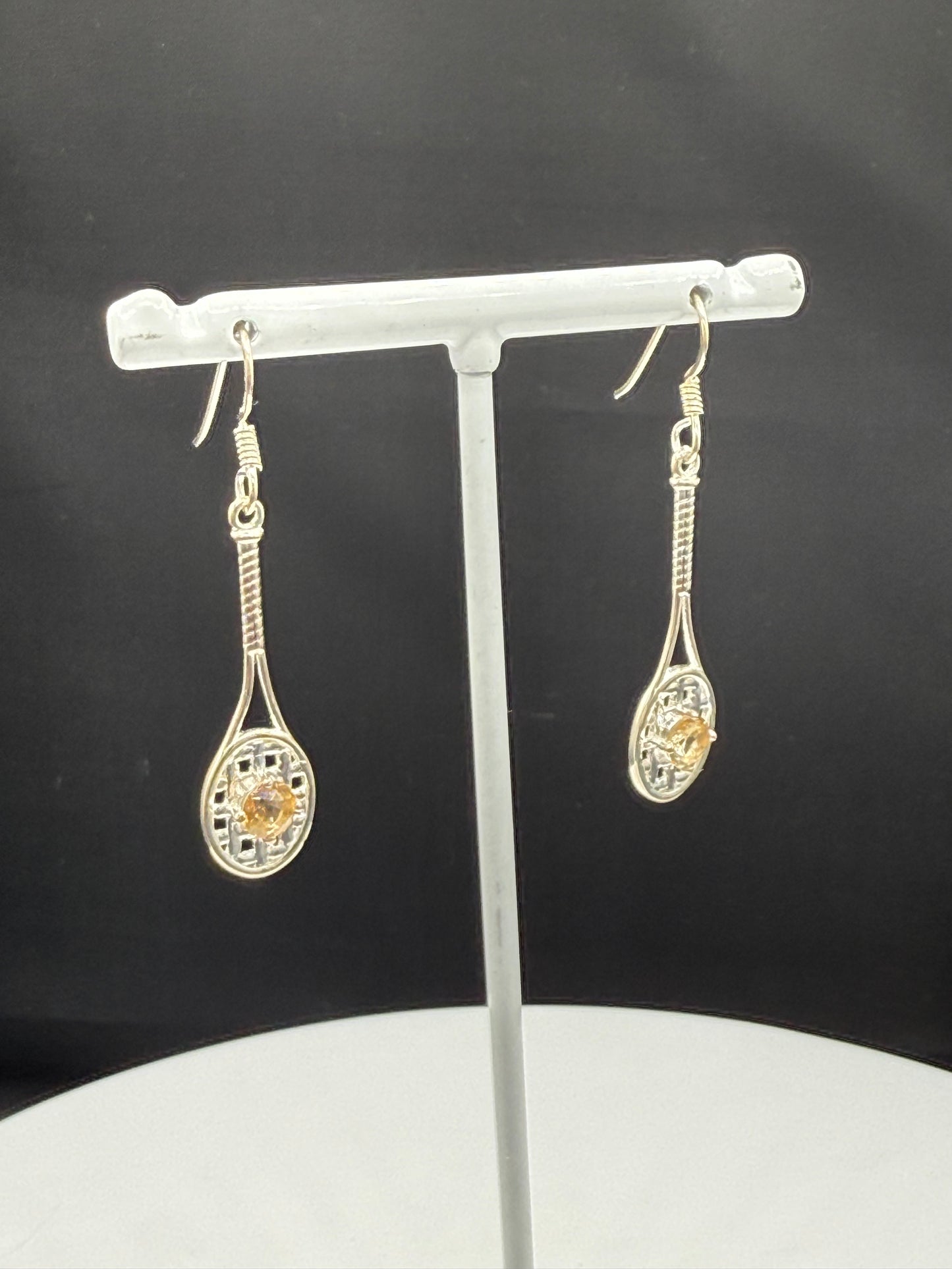 Handmade Sterling Silver Tennis Racket Earrings with Natural Citrine | 925 Stamped | 1.88 Inches