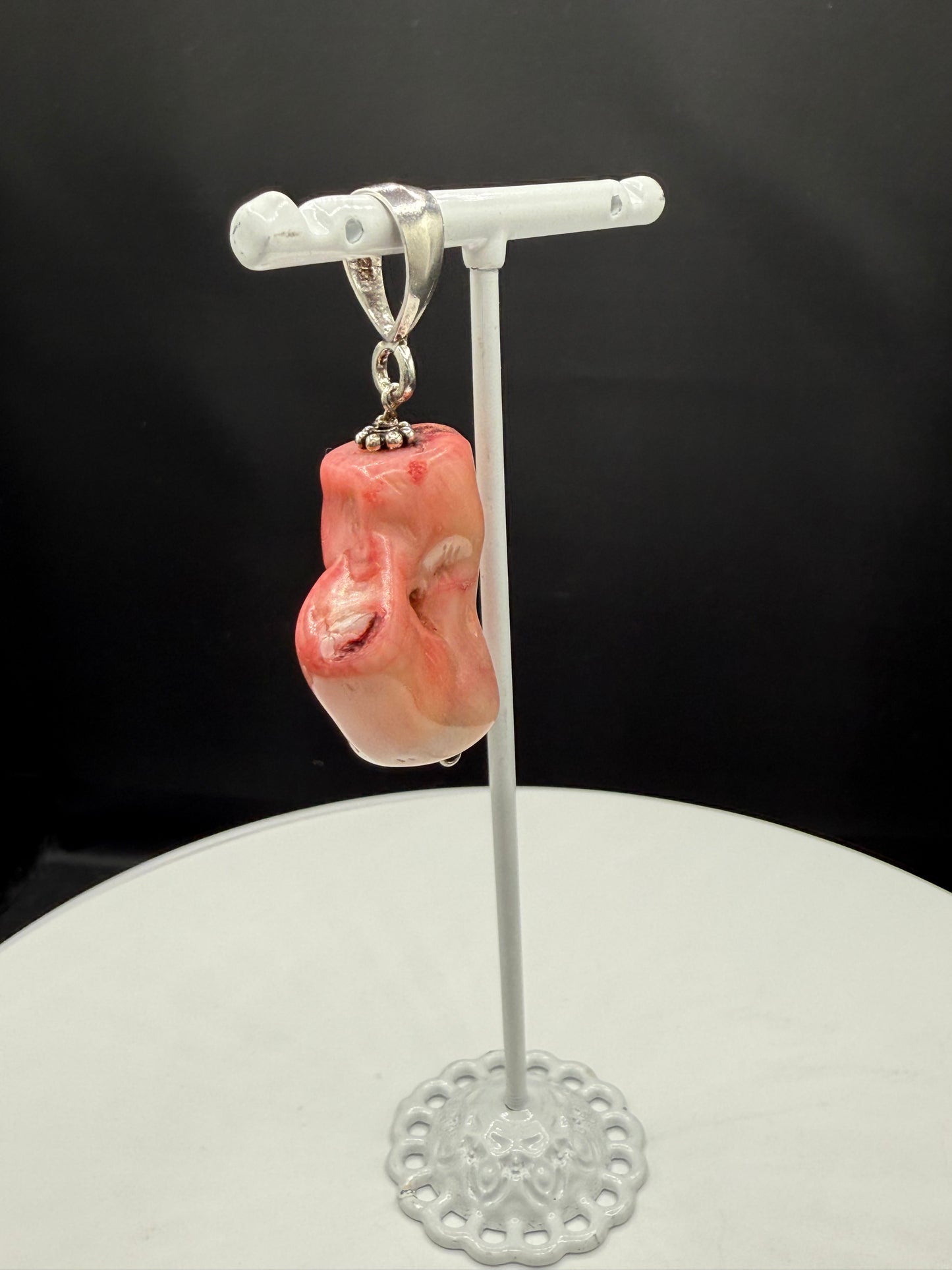 Natural Coral Sterling Silver Dangle Pendant - 2.44 Inches