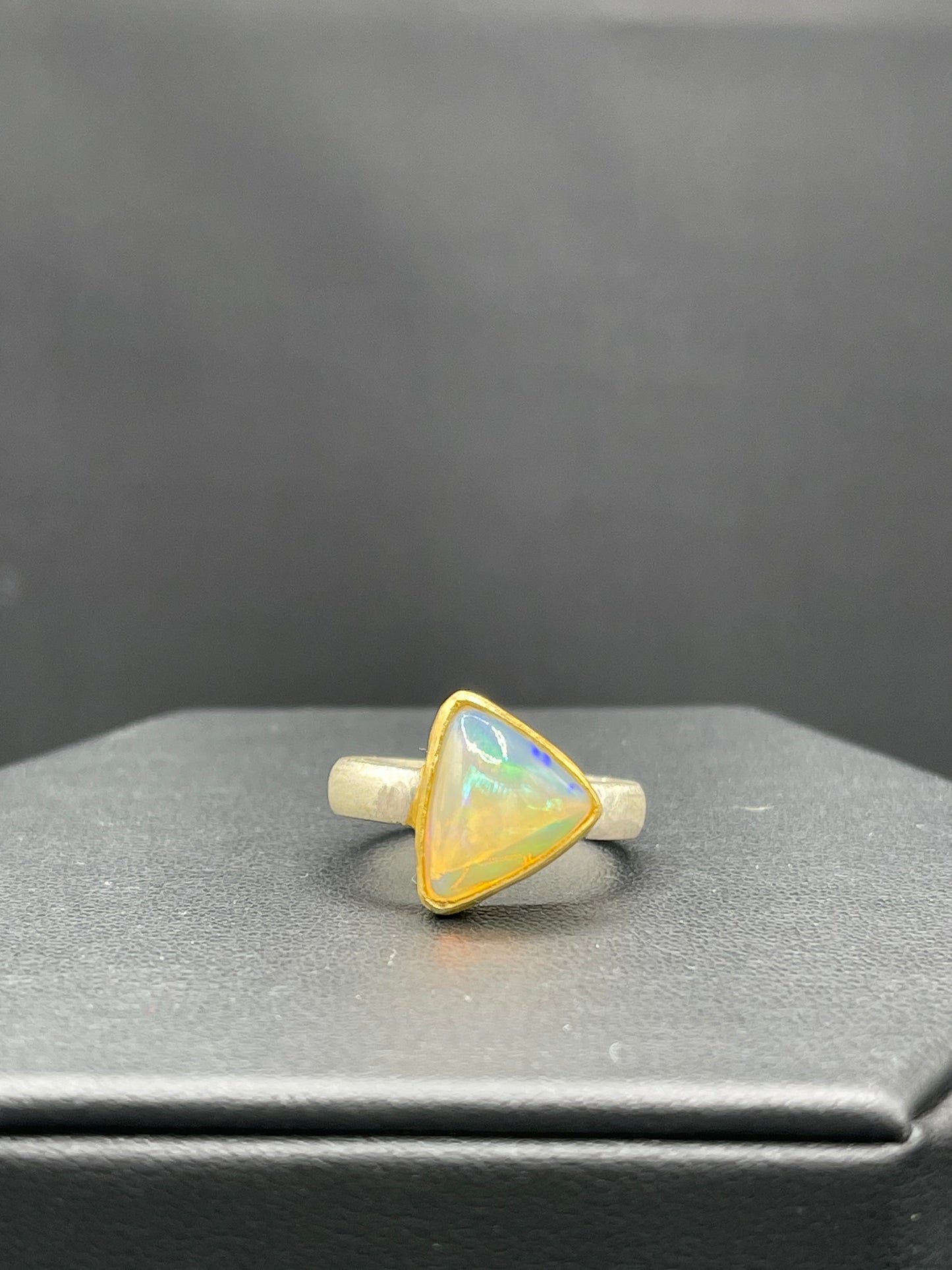 Natural Ethiopian Opal Trillion Cut 18k Gold Matte Finish Bezel Sterling Silver Ring (Size 8)