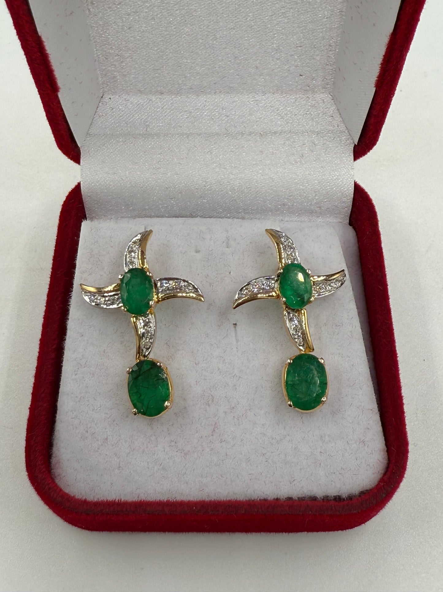 Custom 18K Yellow Gold Emerald & Diamond Earrings