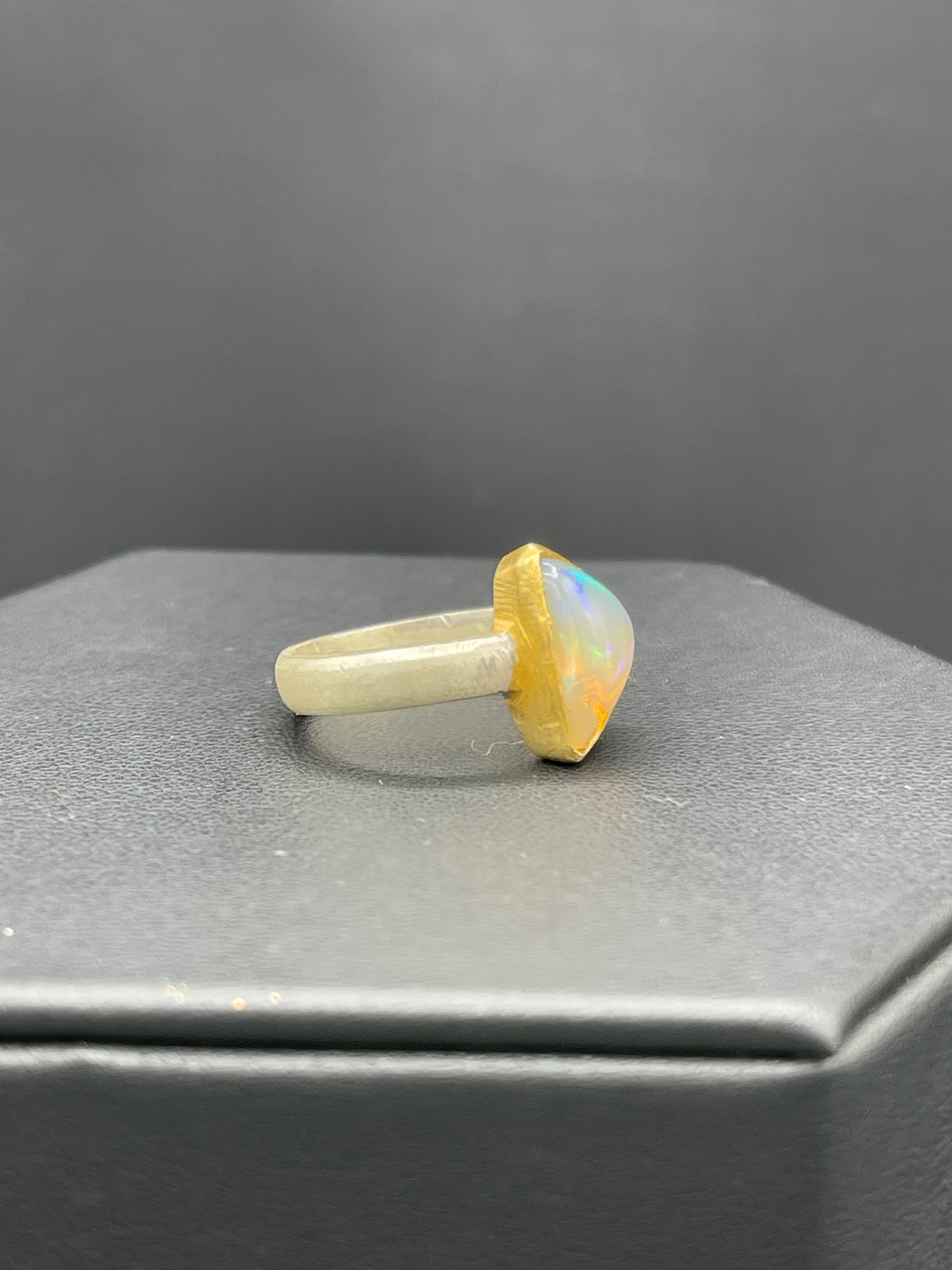 Natural Ethiopian Opal Trillion Cut 18k Gold Matte Finish Bezel Sterling Silver Ring (Size 8)