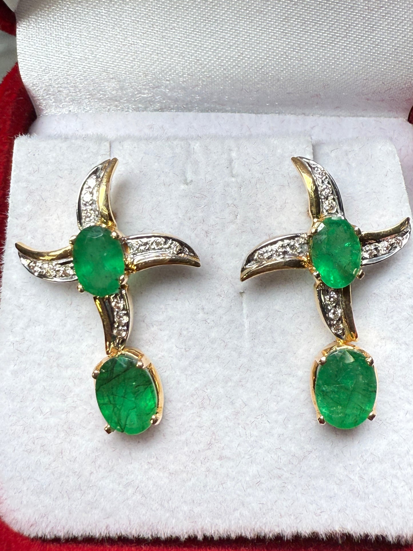 Custom 18K Yellow Gold Emerald & Diamond Earrings