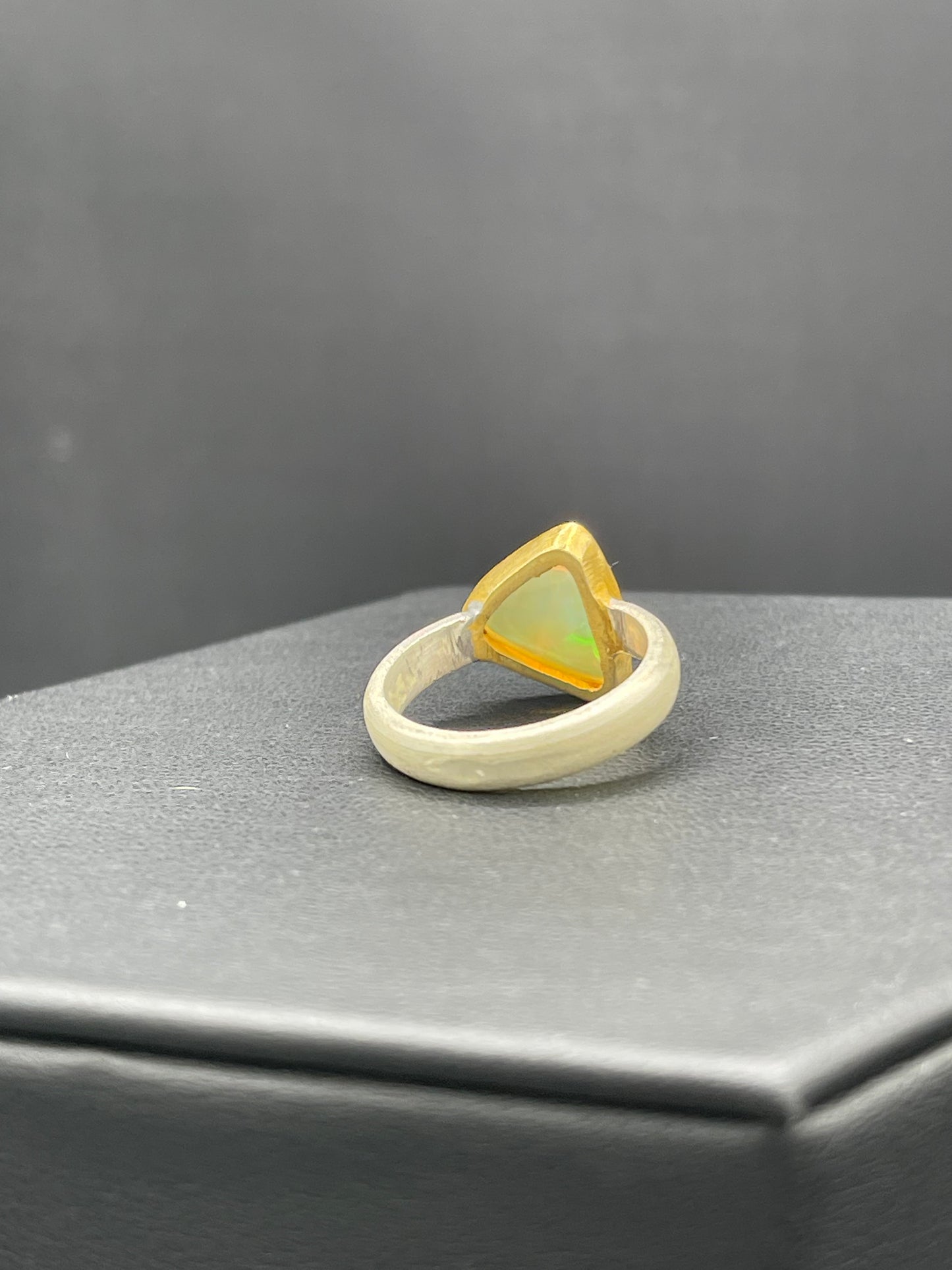 Natural Ethiopian Opal Trillion Cut 18k Gold Matte Finish Bezel Sterling Silver Ring (Size 8)