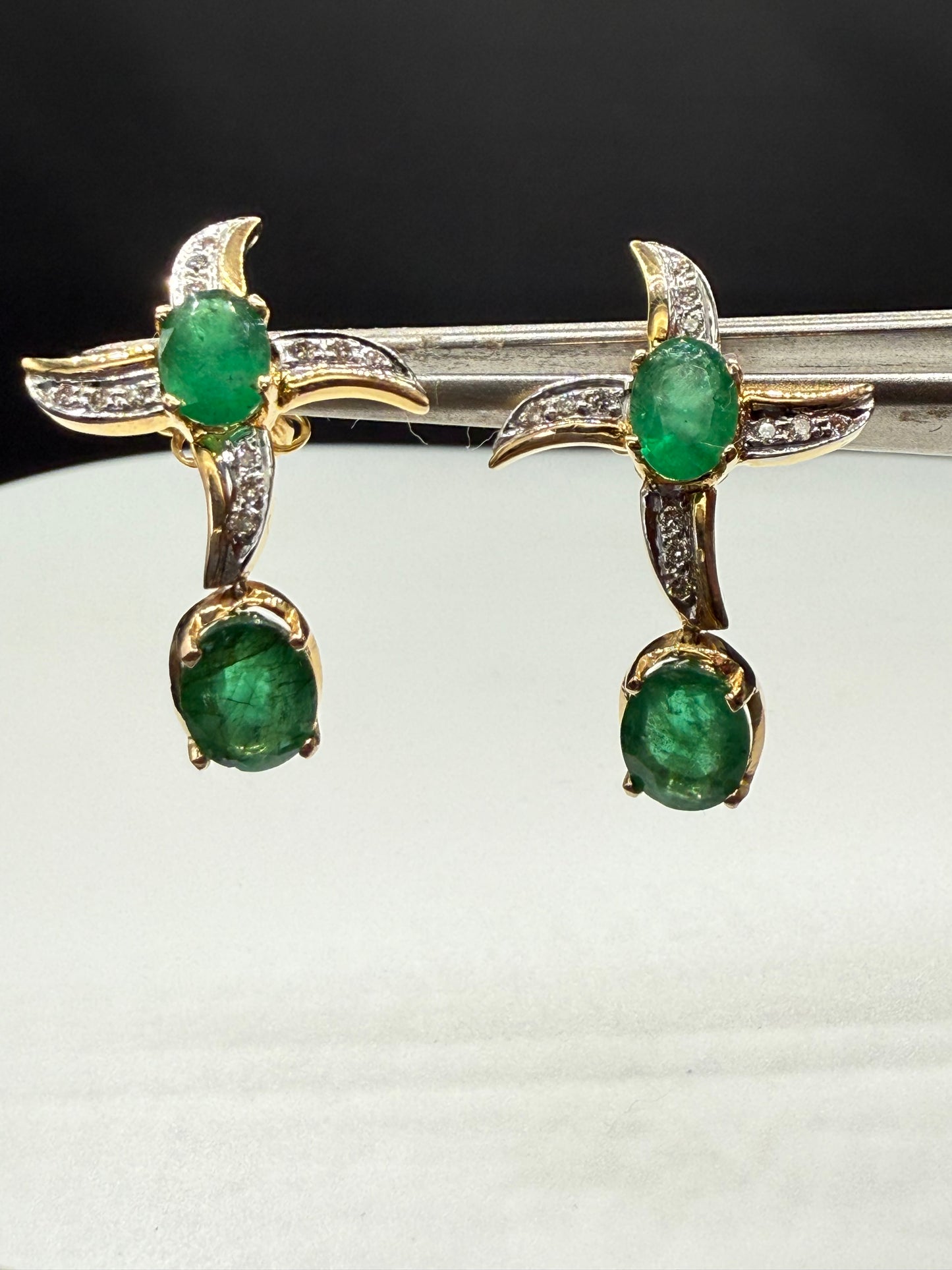 Custom 18K Yellow Gold Emerald & Diamond Earrings