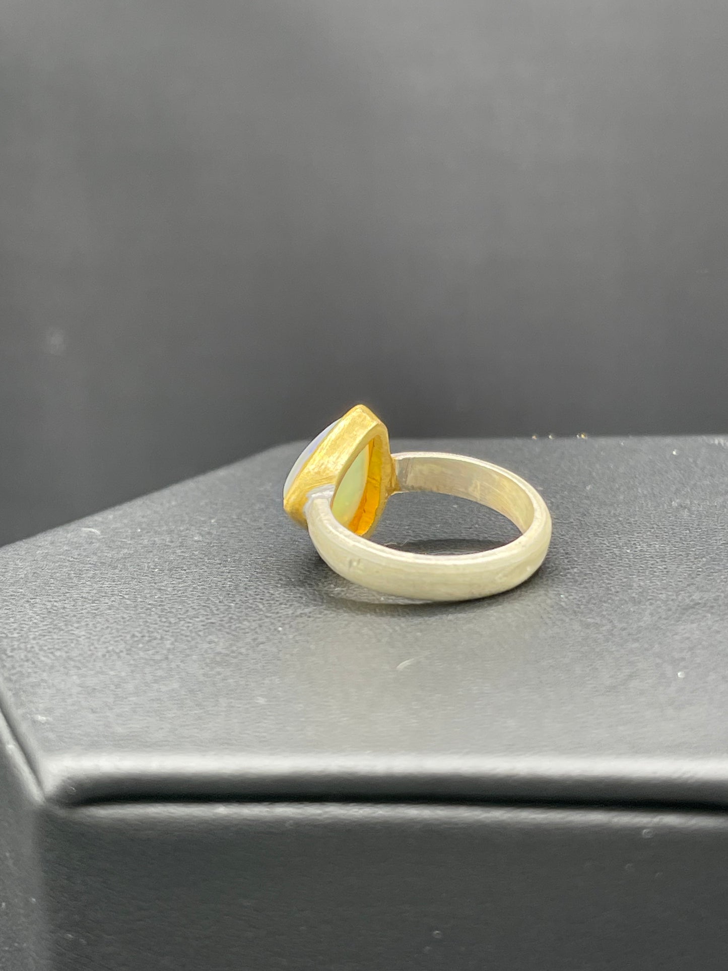 Natural Ethiopian Opal Trillion Cut 18k Gold Matte Finish Bezel Sterling Silver Ring (Size 8)