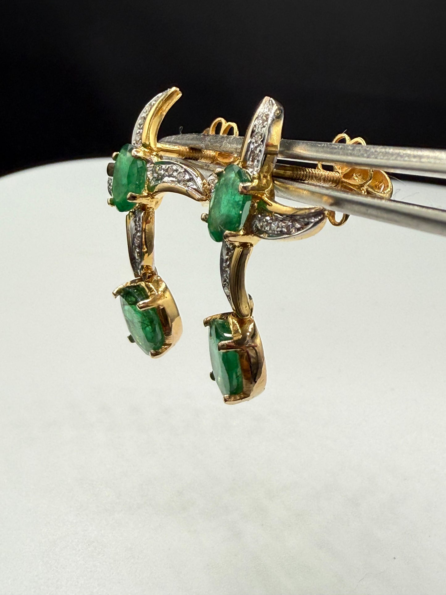 Custom 18K Yellow Gold Emerald & Diamond Earrings