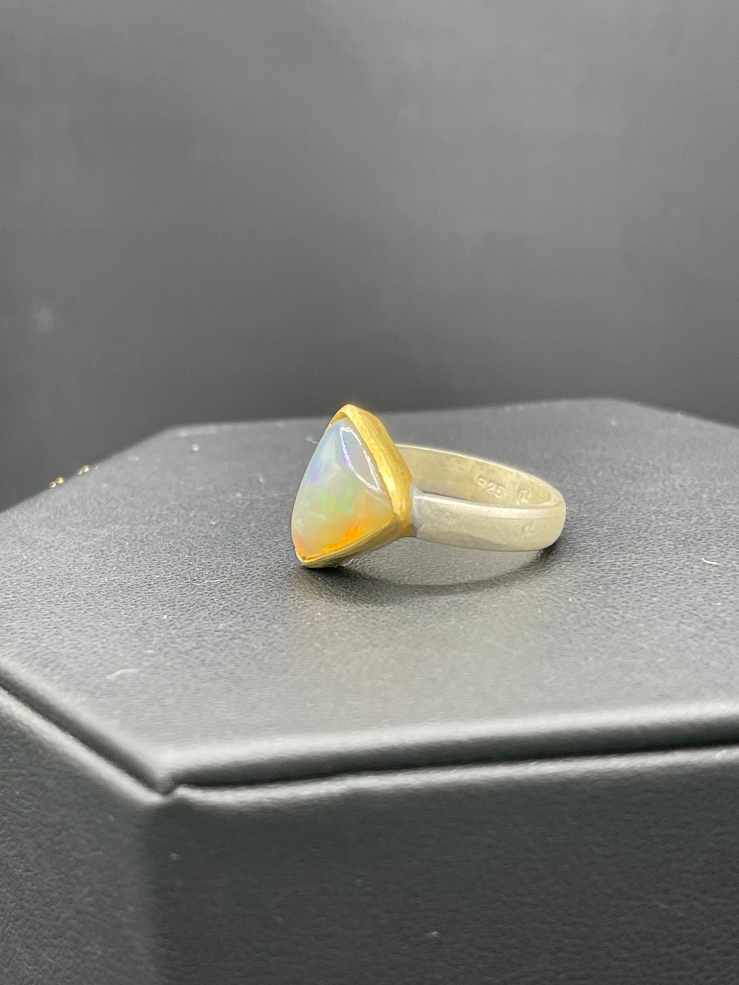 Natural Ethiopian Opal Trillion Cut 18k Gold Matte Finish Bezel Sterling Silver Ring (Size 8)