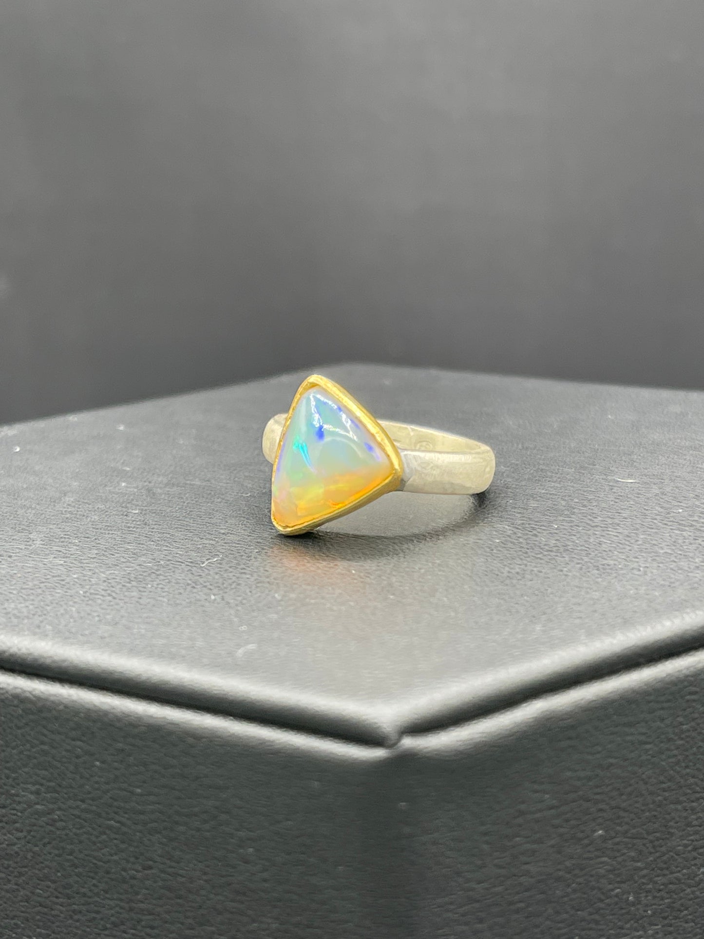 Natural Ethiopian Opal Trillion Cut 18k Gold Matte Finish Bezel Sterling Silver Ring (Size 8)