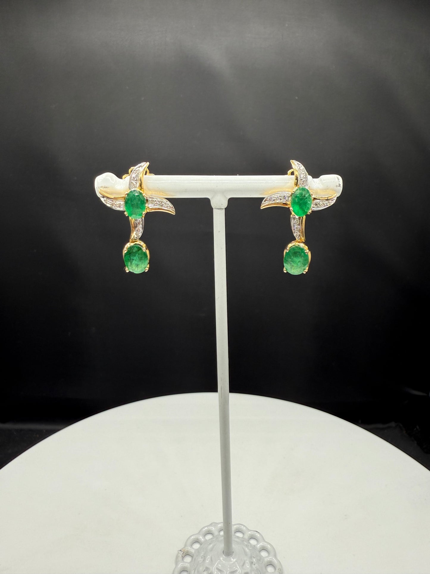 Custom 18K Yellow Gold Emerald & Diamond Earrings