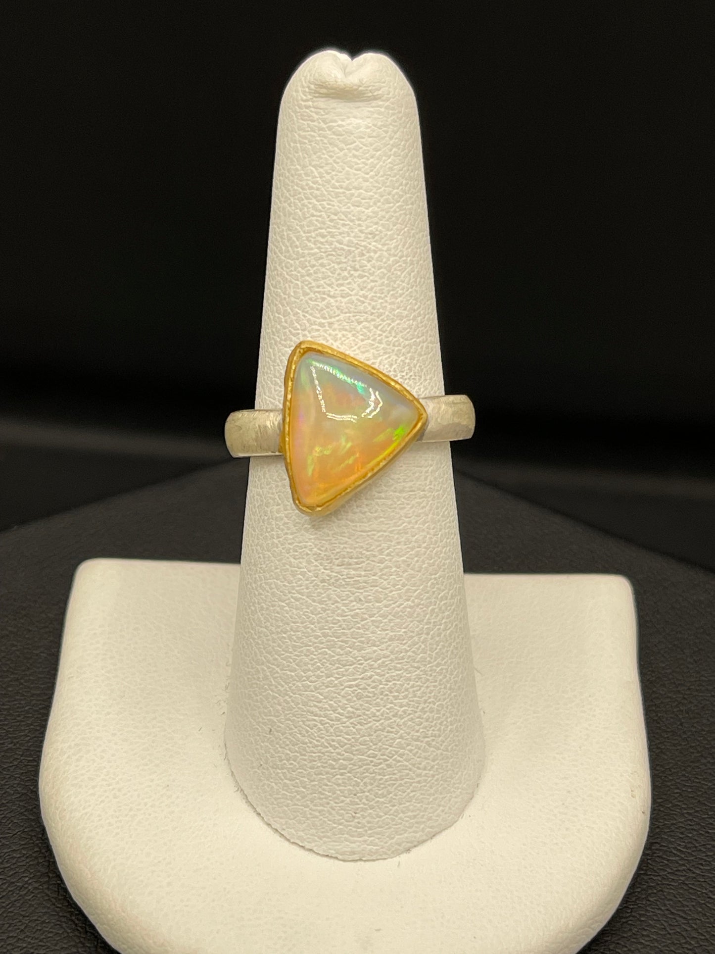 Natural Ethiopian Opal Trillion Cut 18k Gold Matte Finish Bezel Sterling Silver Ring (Size 8)