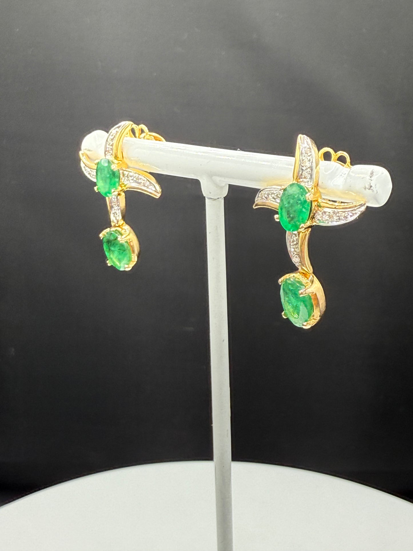 Custom 18K Yellow Gold Emerald & Diamond Earrings