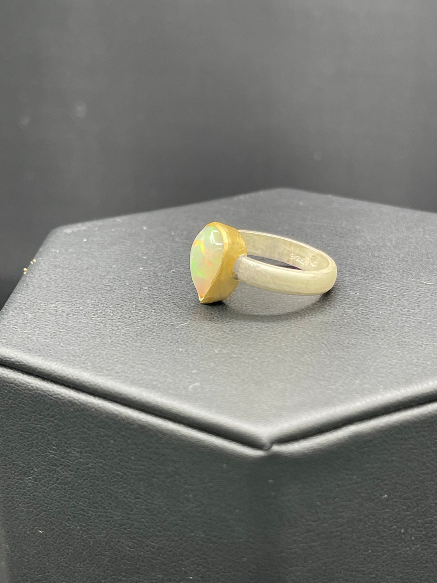 Natural Ethiopian Opal Pear Cut 18k Gold Matte Finish Bezel Sterling Silver Ring (Size 8)