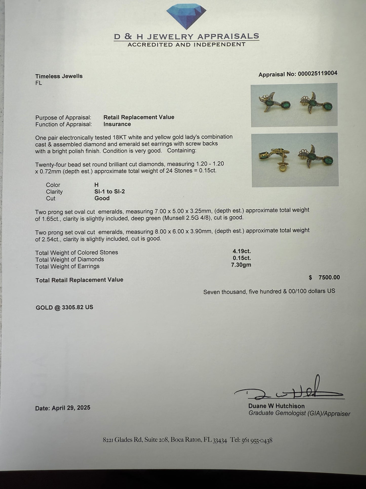 Custom 18K Yellow Gold Emerald & Diamond Earrings