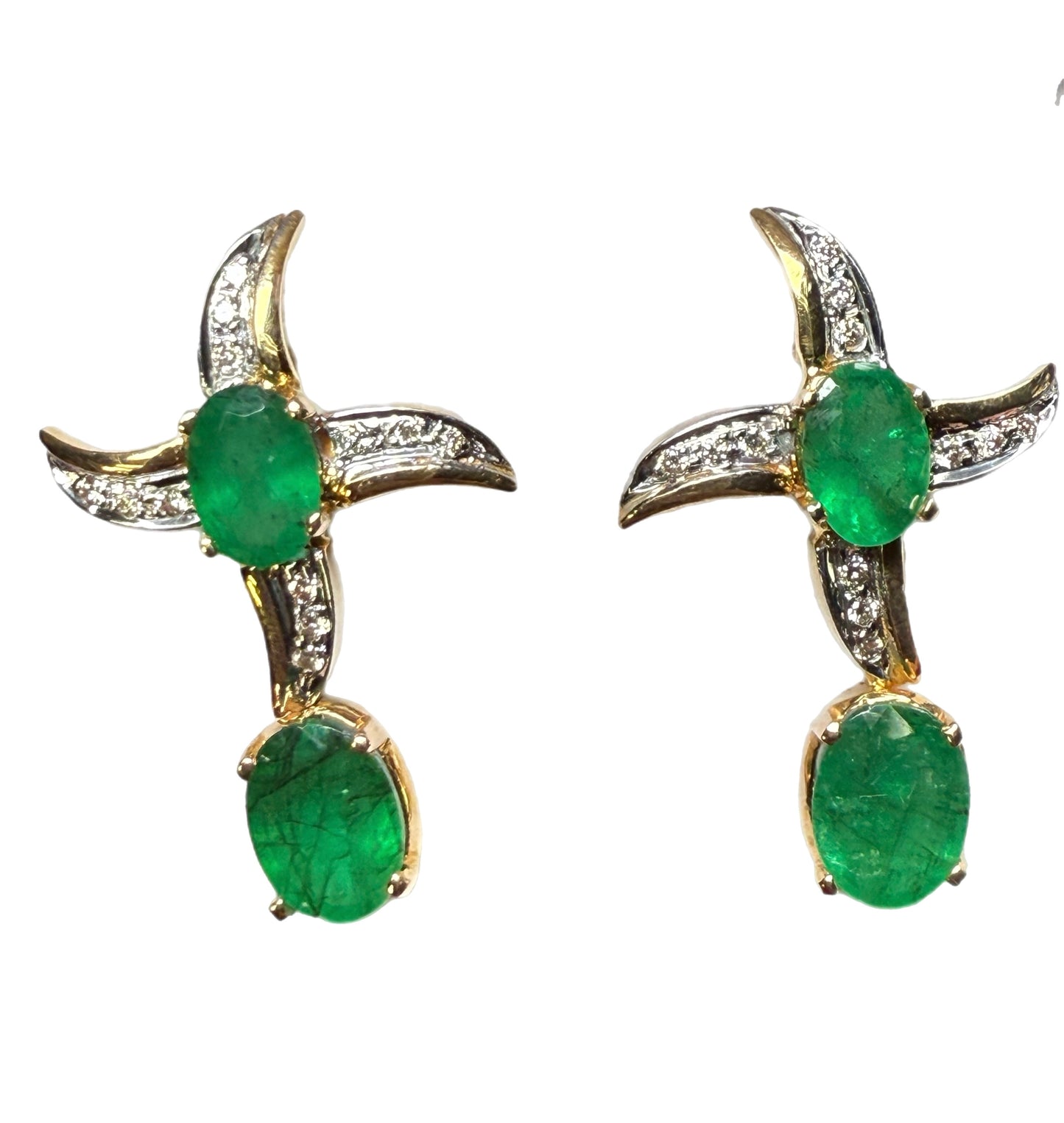 Custom 18K Yellow Gold Emerald & Diamond Earrings