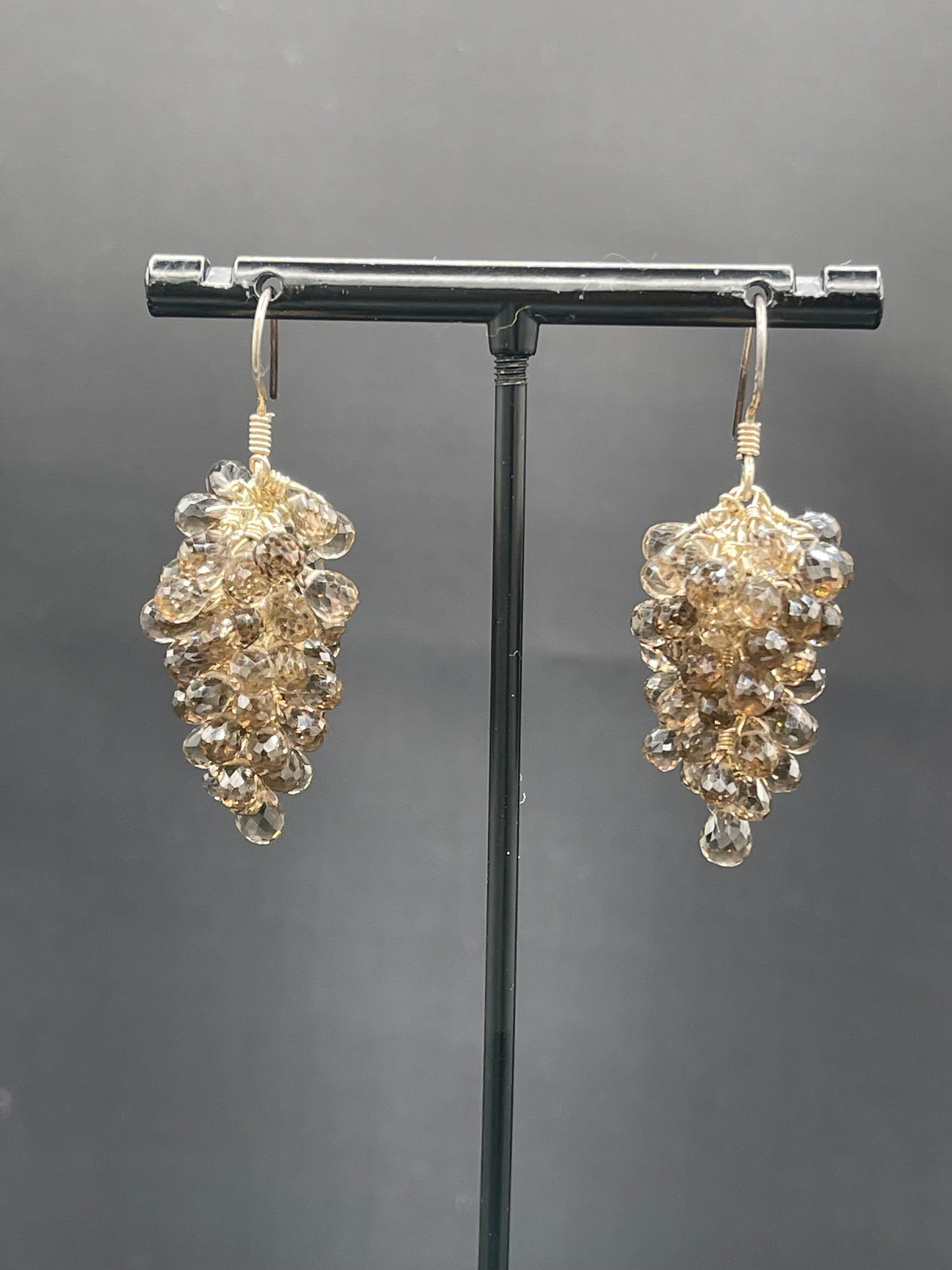 Natural Smokey Quartz Grape Vine Sterling Silver Wire Wrapped Dangle Earrings