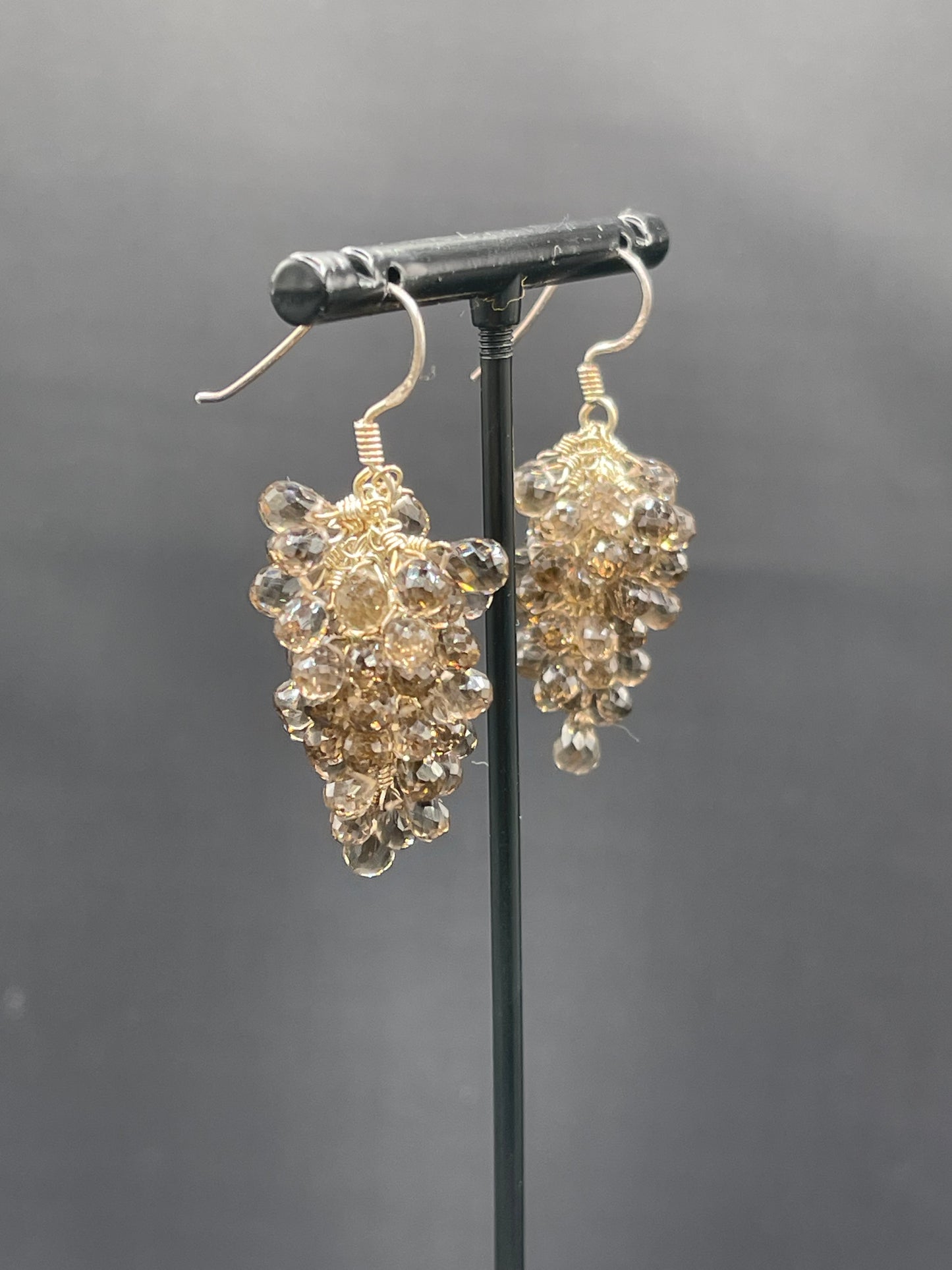 Natural Smokey Quartz Grape Vine Sterling Silver Wire Wrapped Dangle Earrings