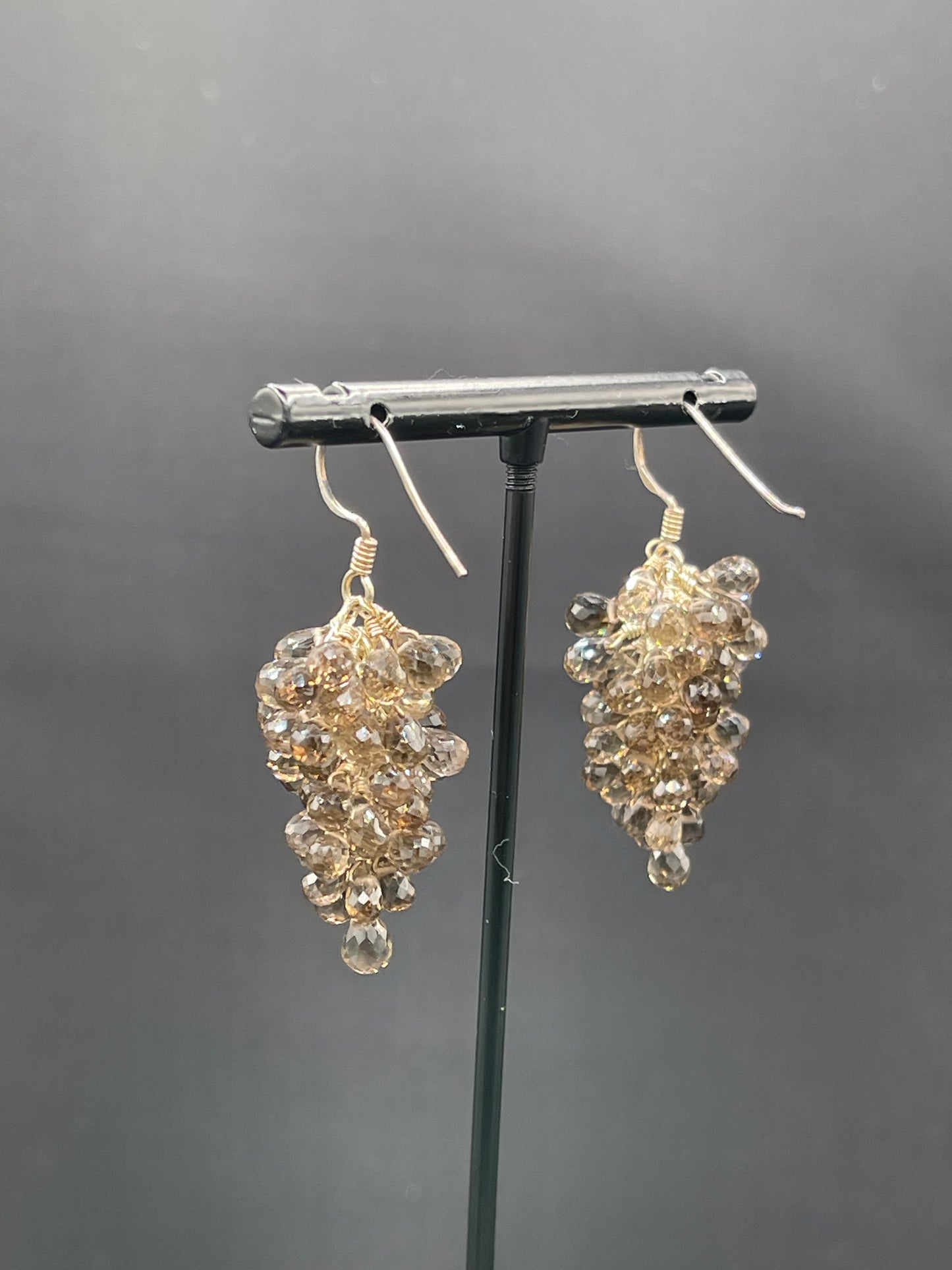 Natural Smokey Quartz Grape Vine Sterling Silver Wire Wrapped Dangle Earrings