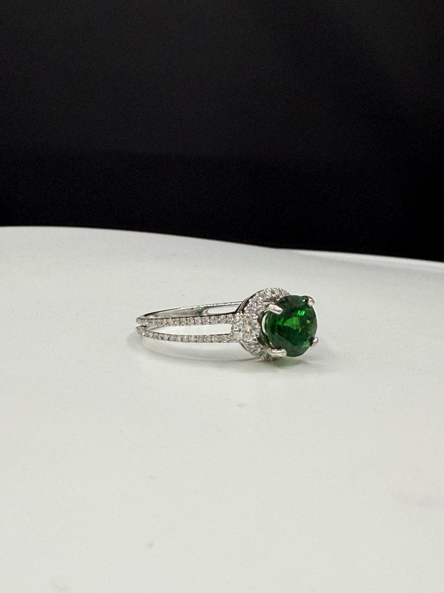 Natural Tsavorite Garnet & Diamond Ring in 14k White Gold, Size 7