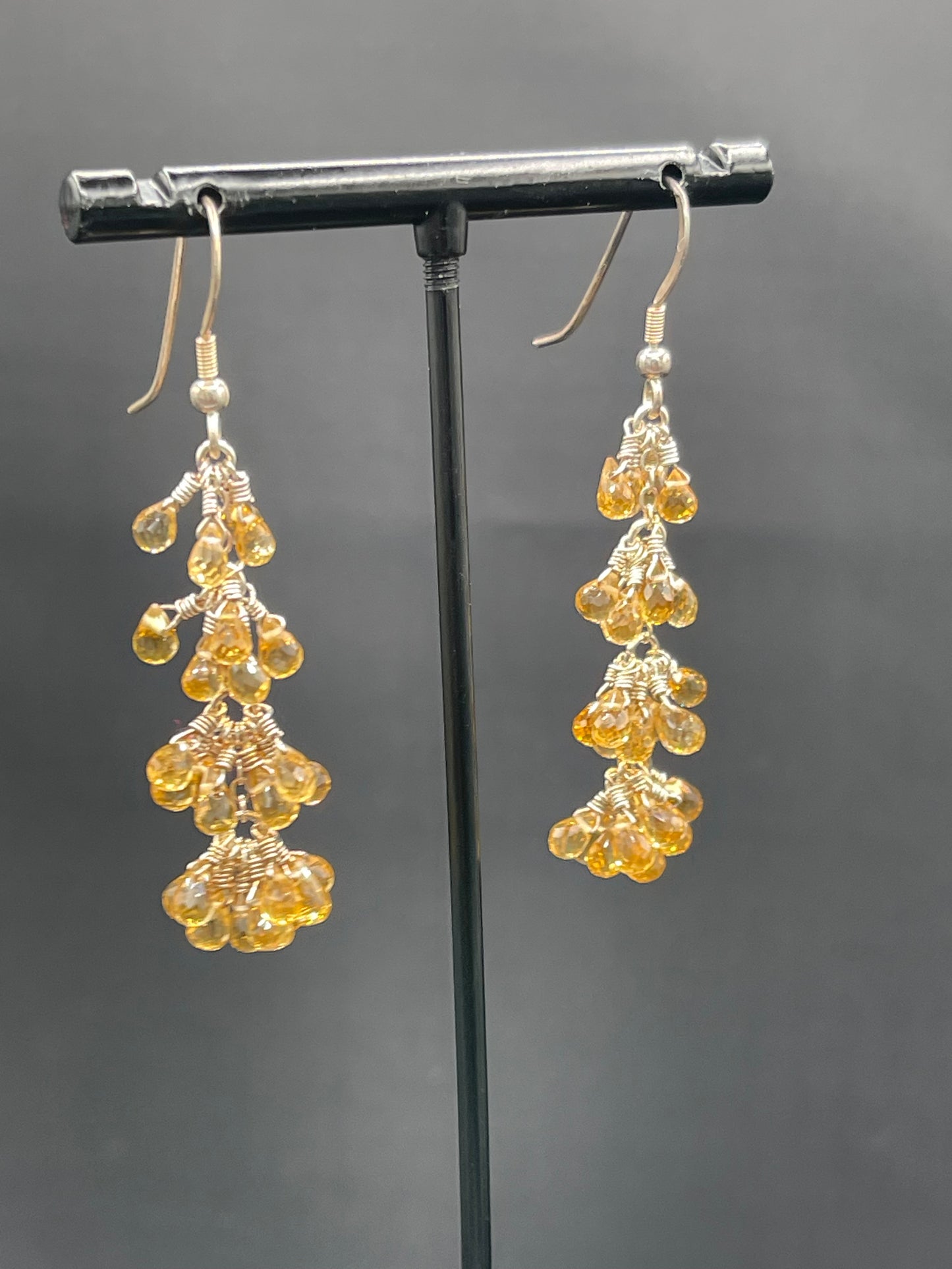 Natural Citrine Briolette Cut Sterling Silver Wire Wrapped Dangle Earrings